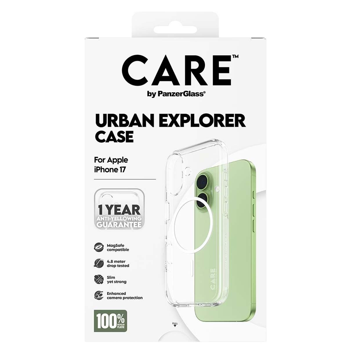 iPhone 17 kılıfı ambalajı, içinde şeffaf ve yeşil telefon. Metin, özelliklerle birlikte 'CARE' ve 'URBAN EXPLORER CASE' içerir.