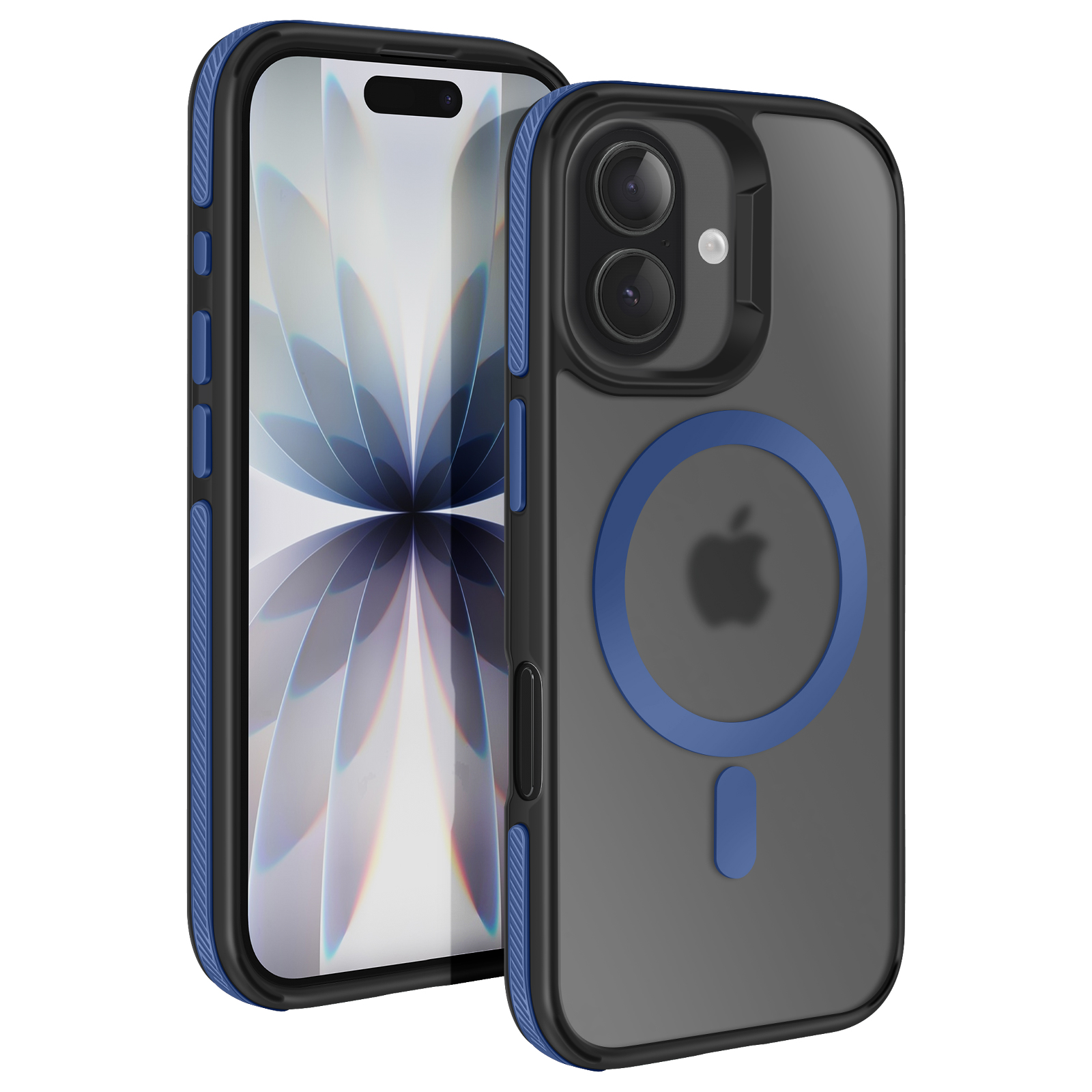 Un iPhone in una custodia protettiva, nera e trasparente con dettagli blu. La custodia ha un anello blu e una porta di ricarica.