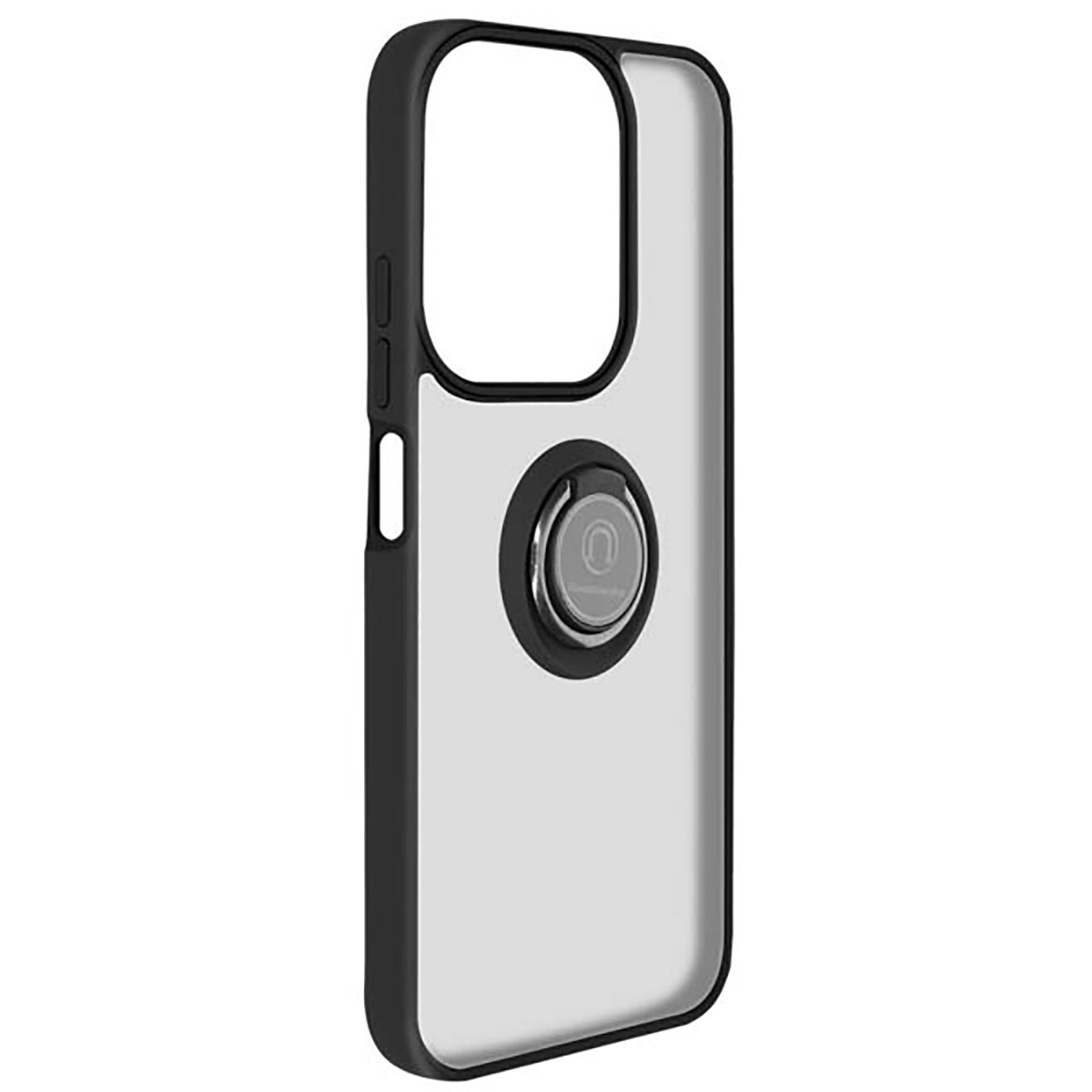 Une coque de téléphone transparente avec des bords noirs. Un anneau argenté est attaché au centre. La coque a une découpe pour l'appareil photo.