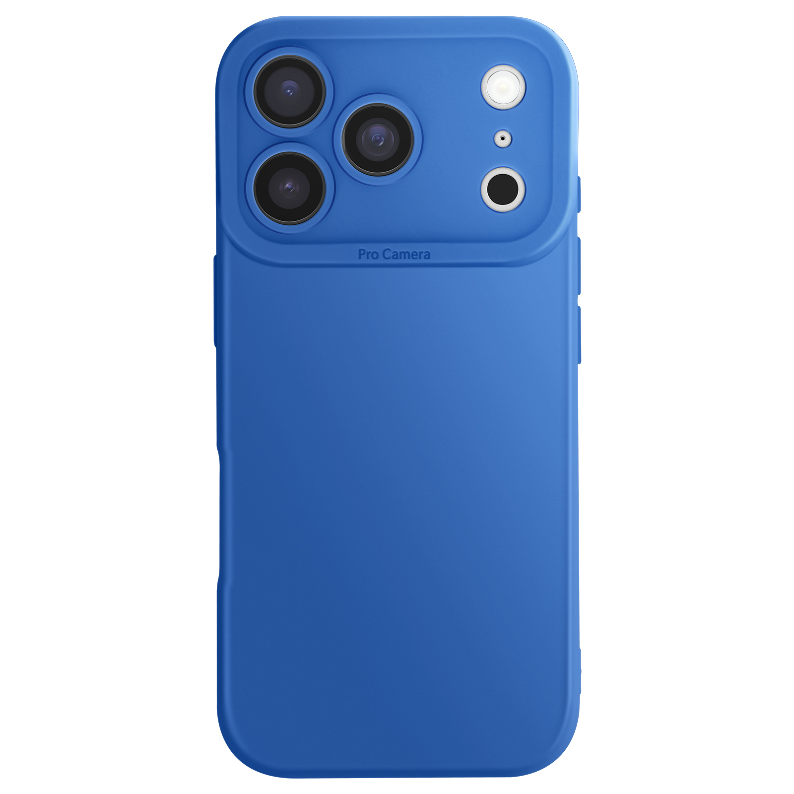 Een blauwe telefoonhoes met meerdere cameralenzen, een flitser en de woorden 'Pro Camera'.