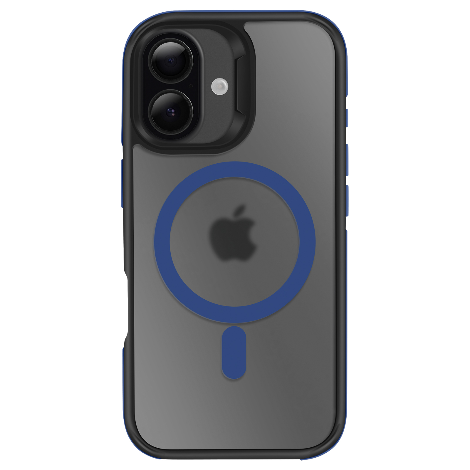 Una custodia per smartphone, con area fotocamera nera, anello magnetico blu e logo Apple al centro.