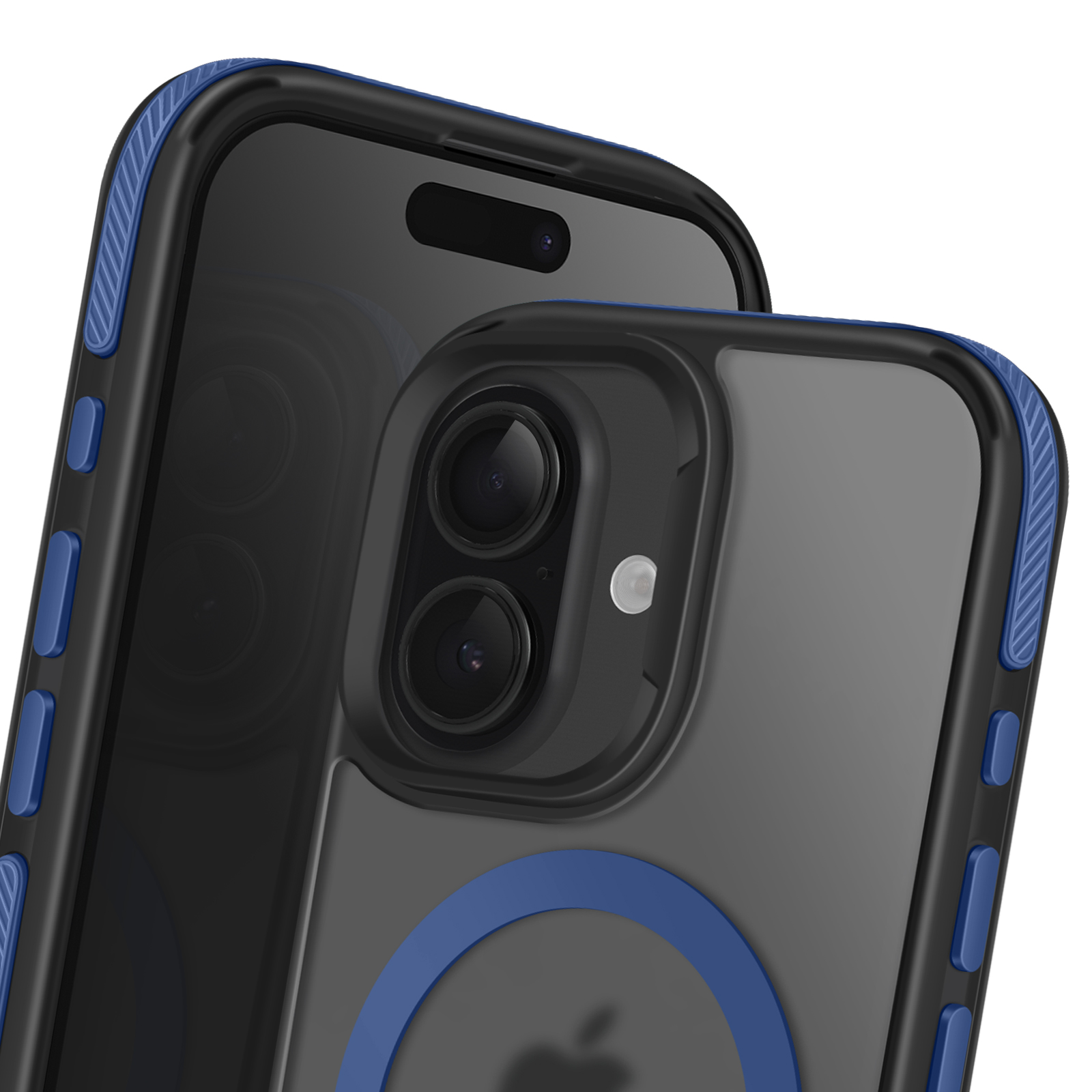 Due telefoni con custodie. Le custodie sono nere con dettagli blu. Uno ha un cerchio blu. Lo sfondo è bianco.