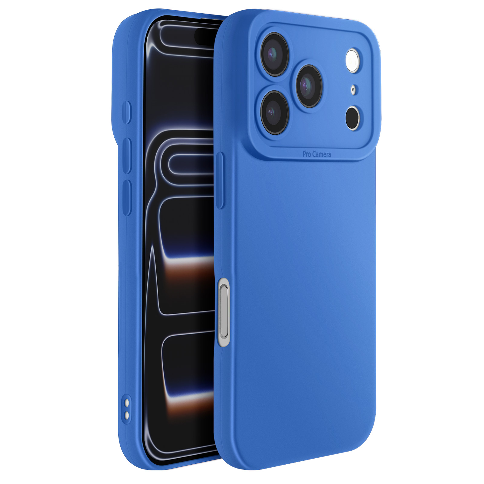 Een blauwe telefoonhoes wordt getoond naast een telefoon. De hoes heeft een camerabult en knopafdekkingen.