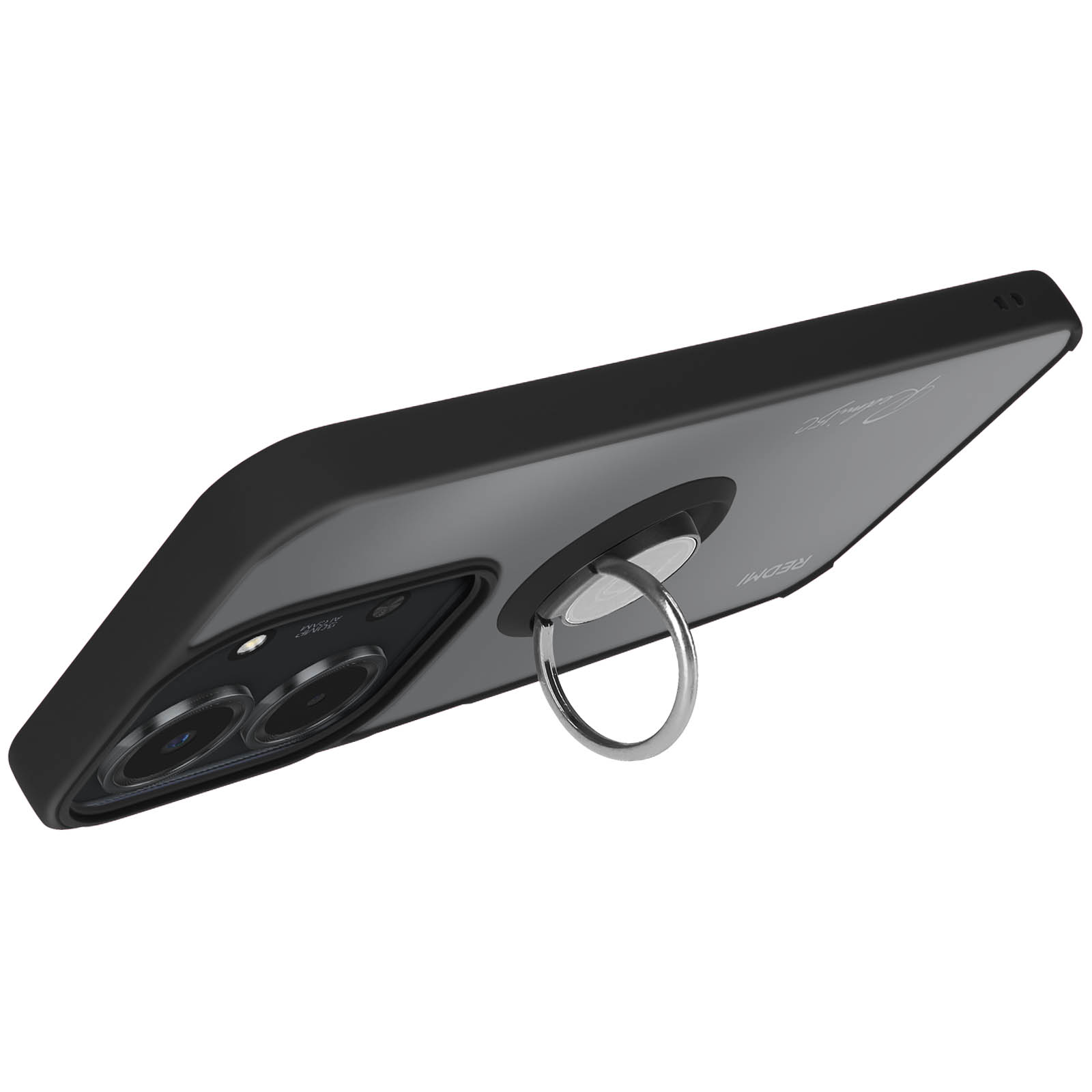 Un téléphone noir avec un support de bague est montré en diagonale. L'étui du téléphone a un dos transparent et une caméra.