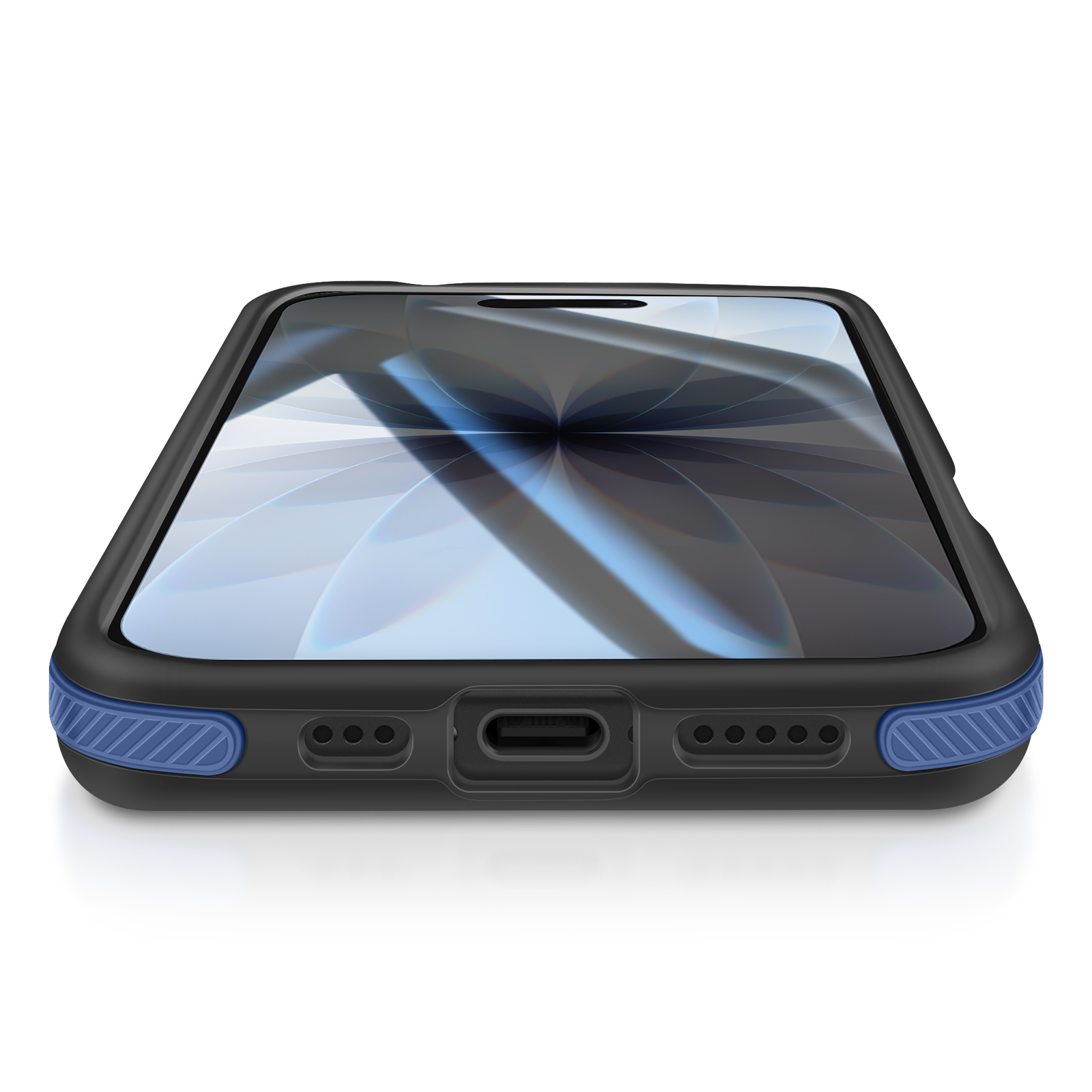Telefono nero in una custodia con dettagli blu. Lo schermo mostra un design blu e grigio. Sfondo bianco.