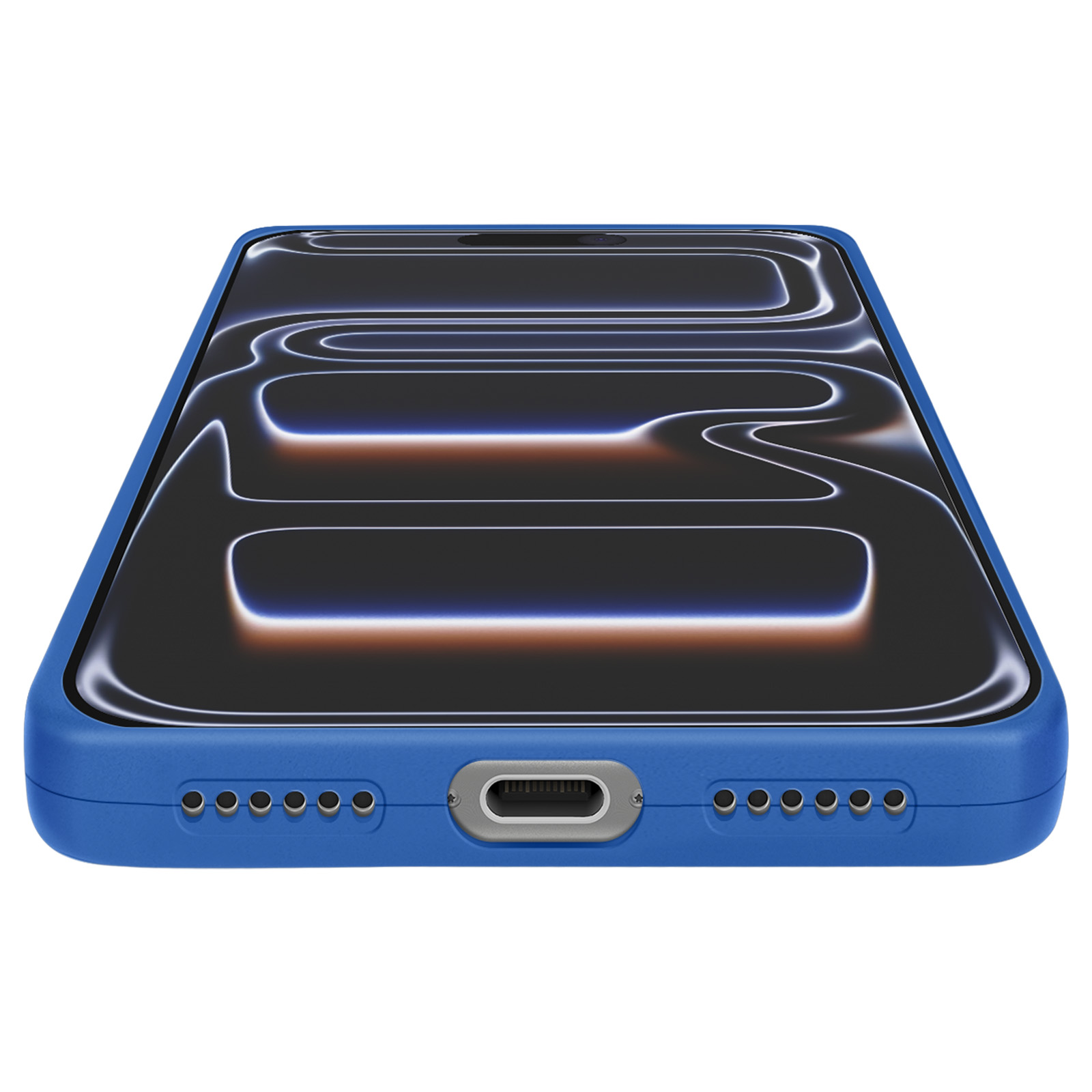 Een blauwe smartphone met een scherm met een gloeiend patroon. De telefoon staat op een witte achtergrond.