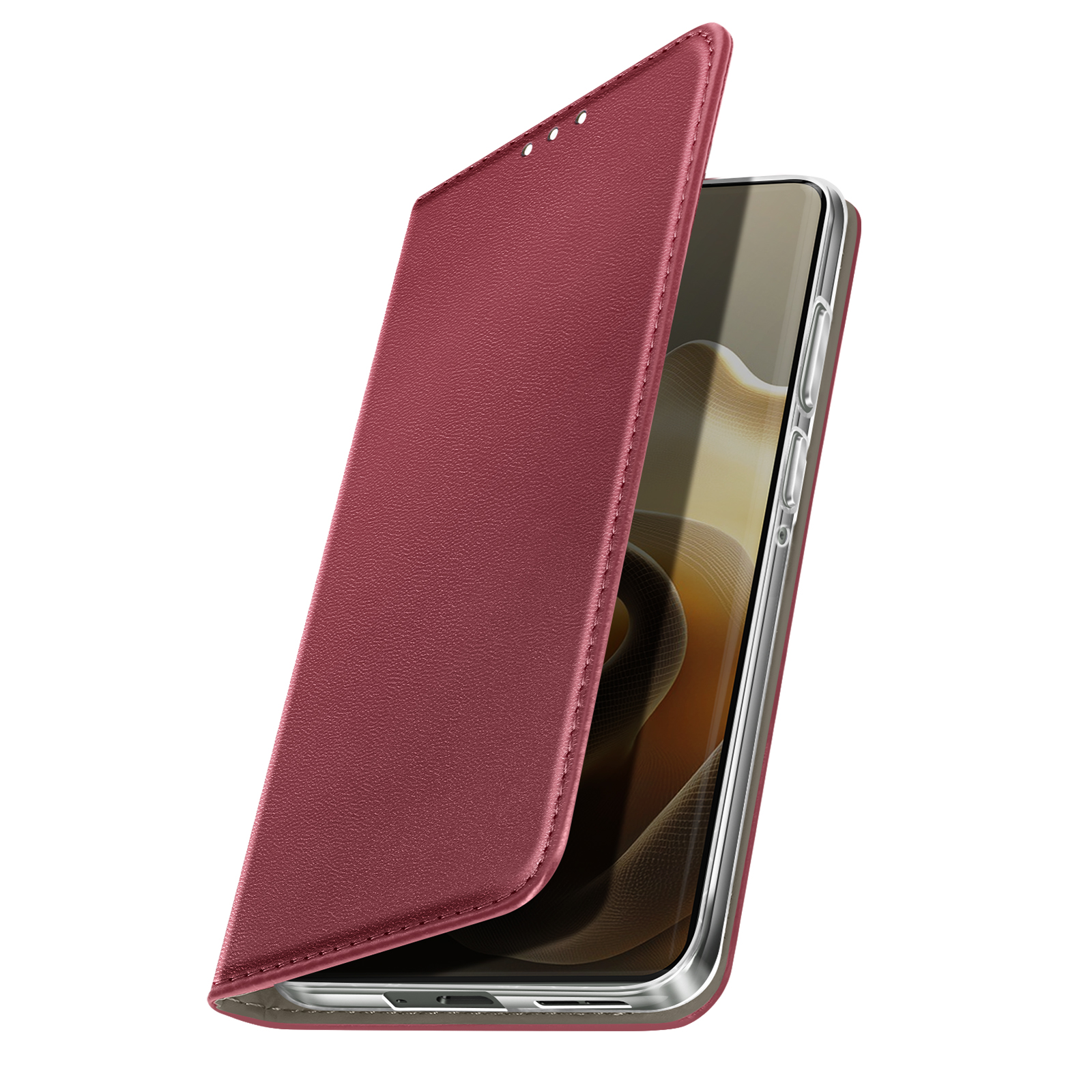 Un étui de téléphone rouge est ouvert, révélant un téléphone. L'étui et le téléphone sont sur fond blanc.
