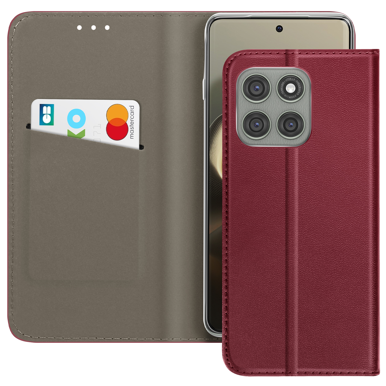 Un smartphone dans un étui en cuir rouge avec une carte de crédit dans une poche. Le téléphone est visible.