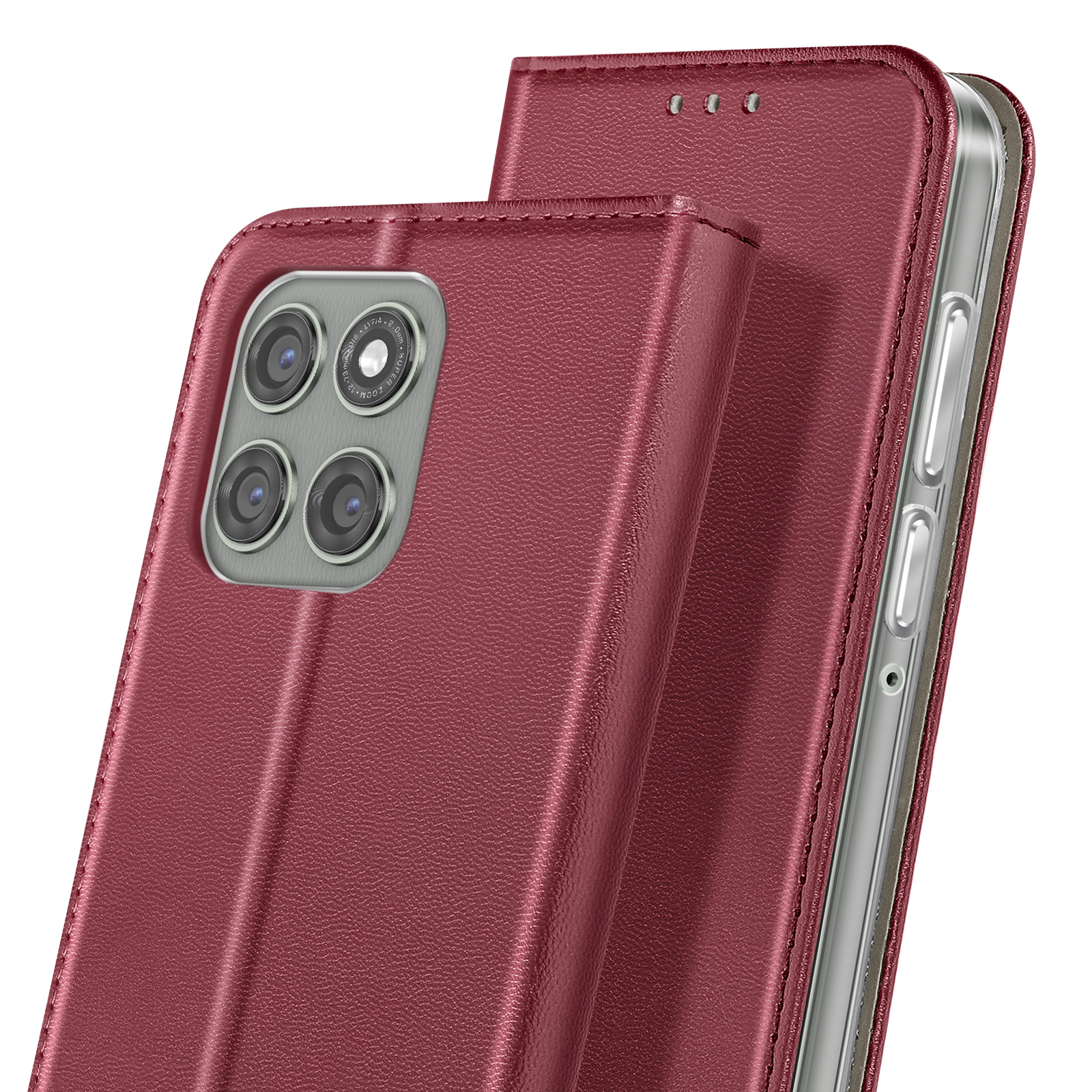Gros plan sur un étui de téléphone bordeaux avec un téléphone. L'étui est ouvert, montrant la caméra et le côté du téléphone.