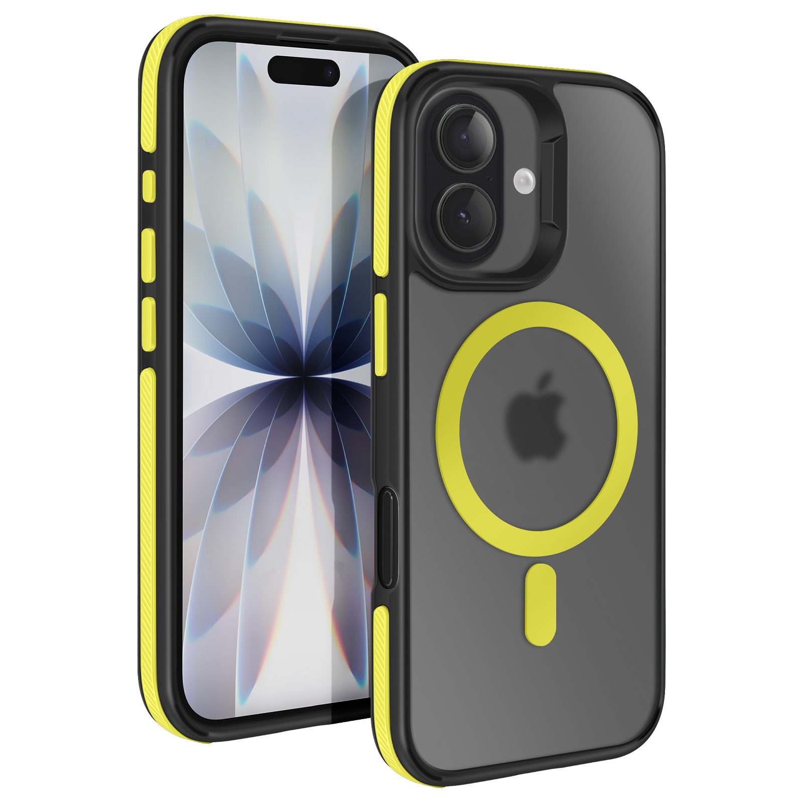 iPhone con custodia nera e gialla. Logo Apple visibile. La custodia ha un anello giallo.