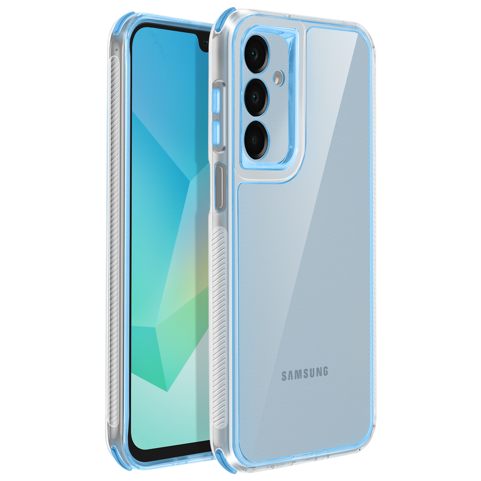 Custodia trasparente per telefono con bordi blu. Si adatta attorno a un telefono. Logo Samsung visibile.