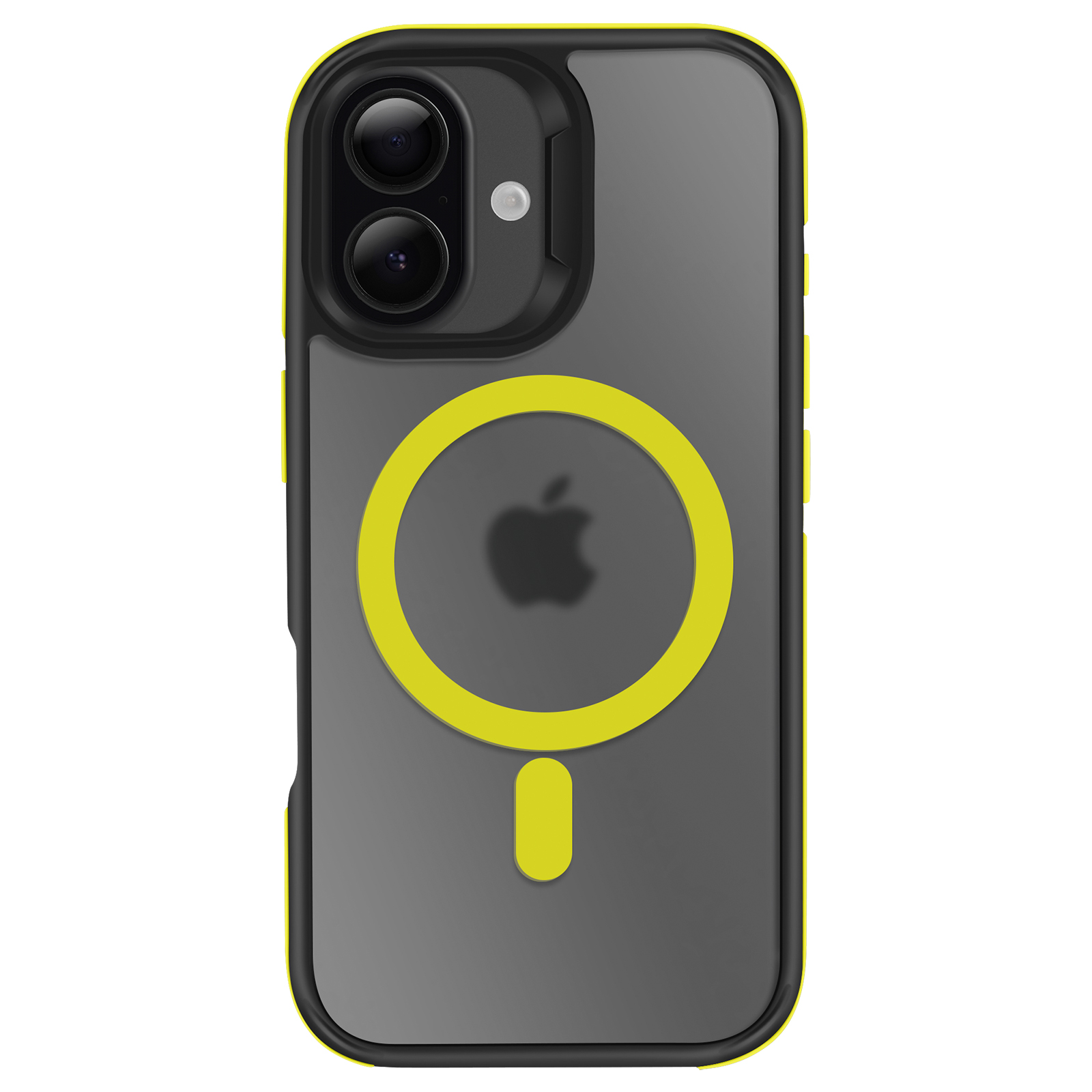 Una custodia per iPhone con area fotocamera nera, retro grigio, anello e dettagli gialli e logo Apple.