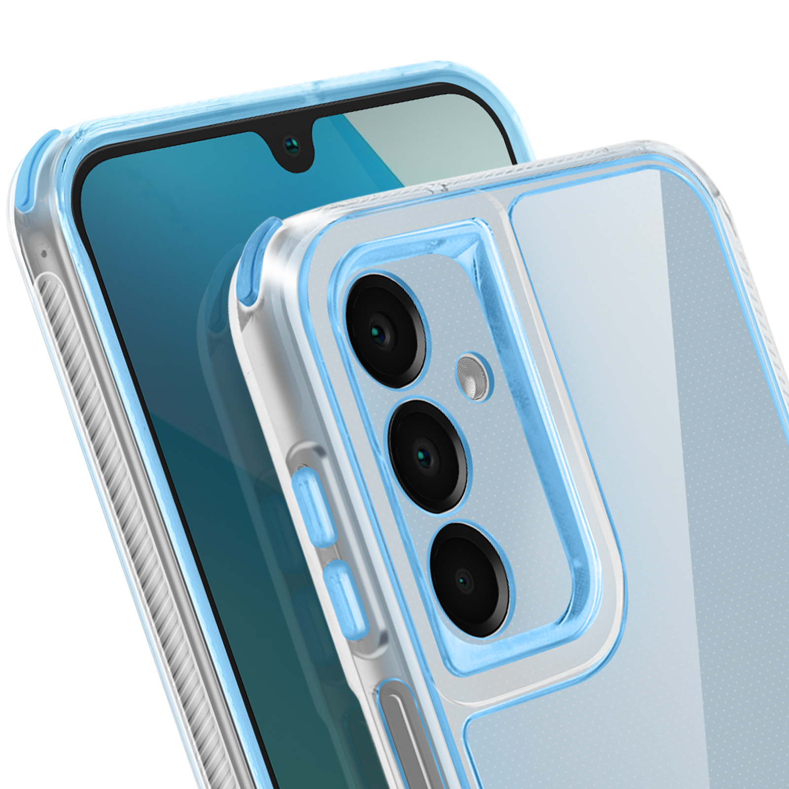 Una custodia trasparente con accenti blu. Lo schermo del telefono è visibile dietro la custodia.