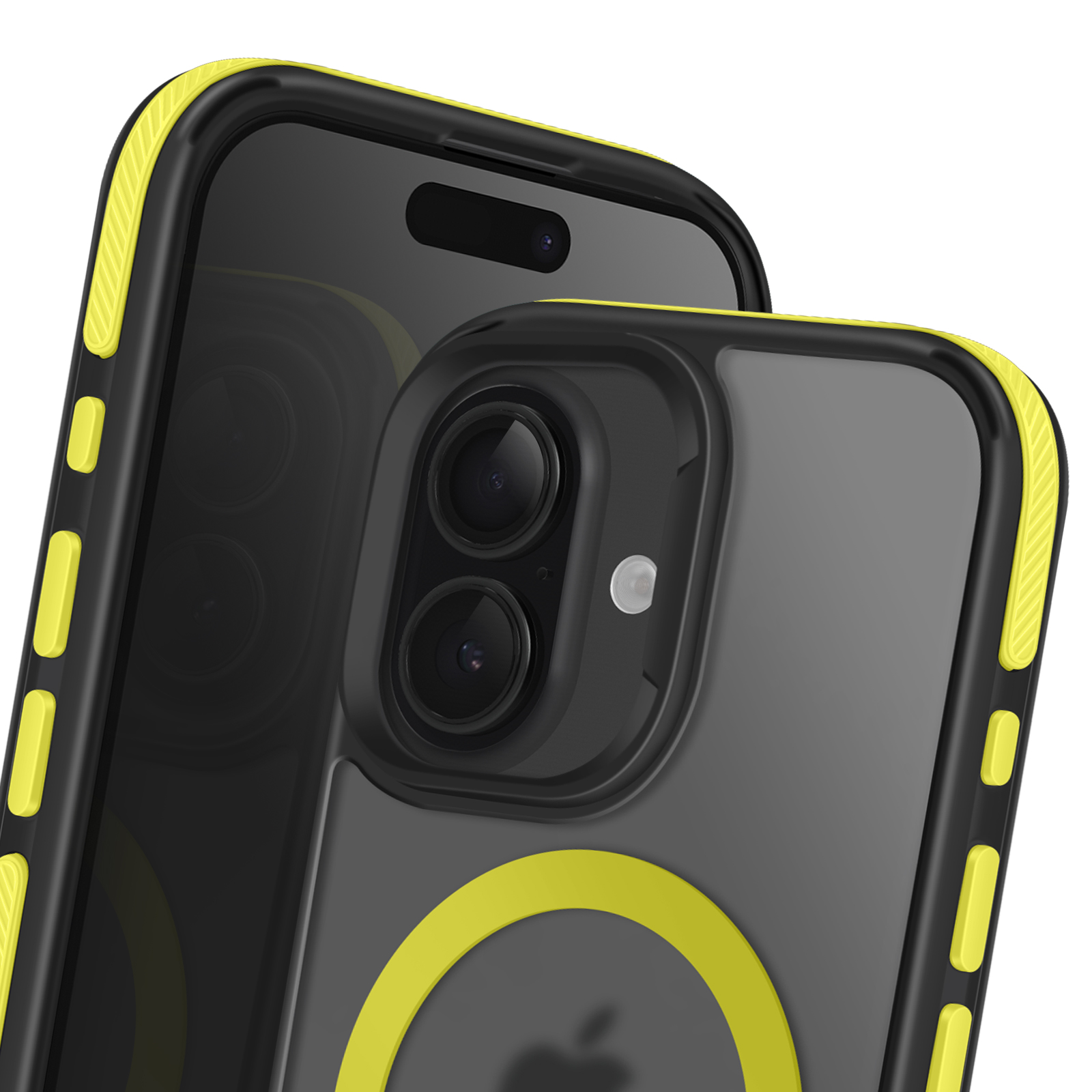 Due telefoni con custodie protettive. Nero e giallo. Un telefono ha due obiettivi. Sfondo bianco.