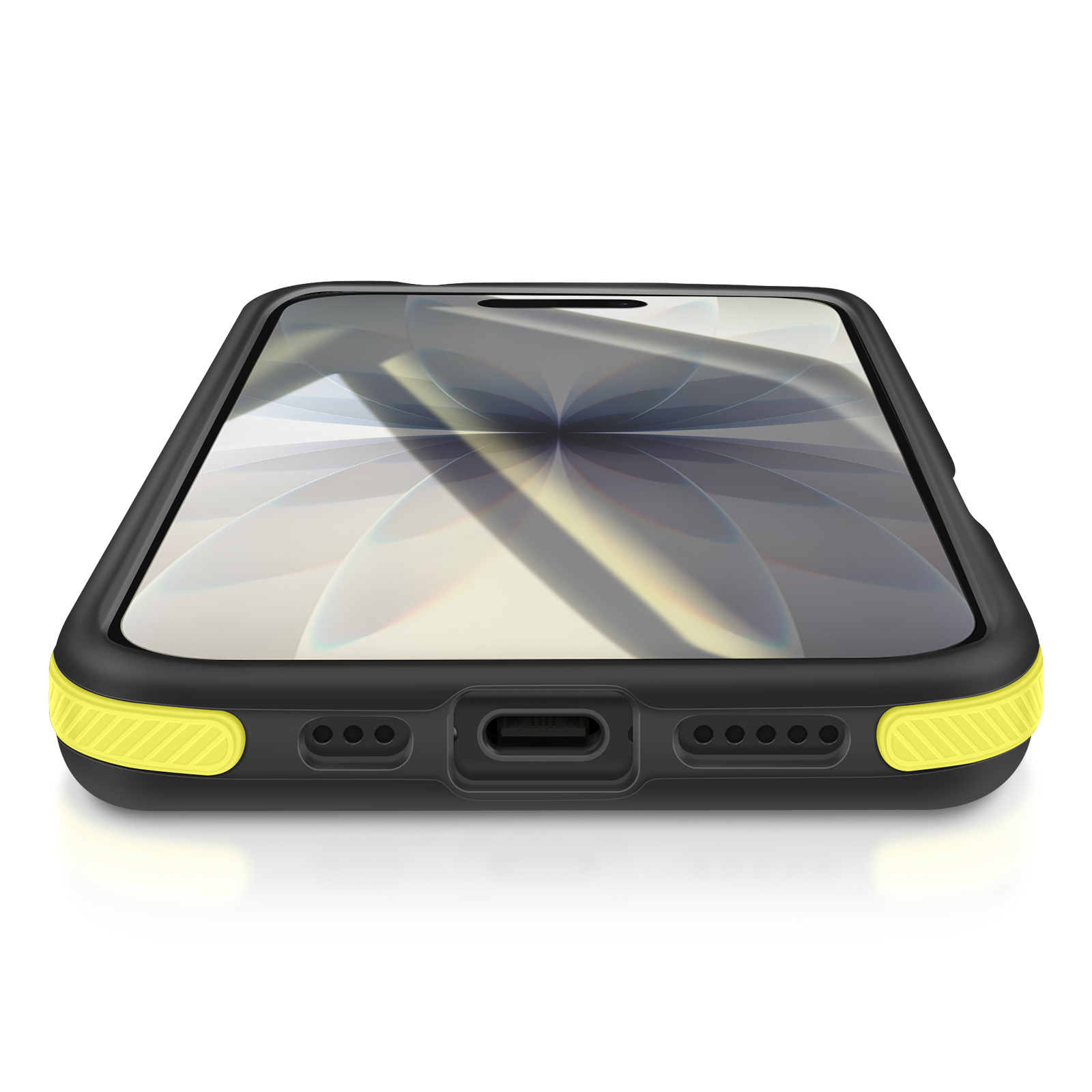 Uno smartphone nero in una custodia nera e gialla su una superficie bianca. Lo schermo mostra un design sfocato.