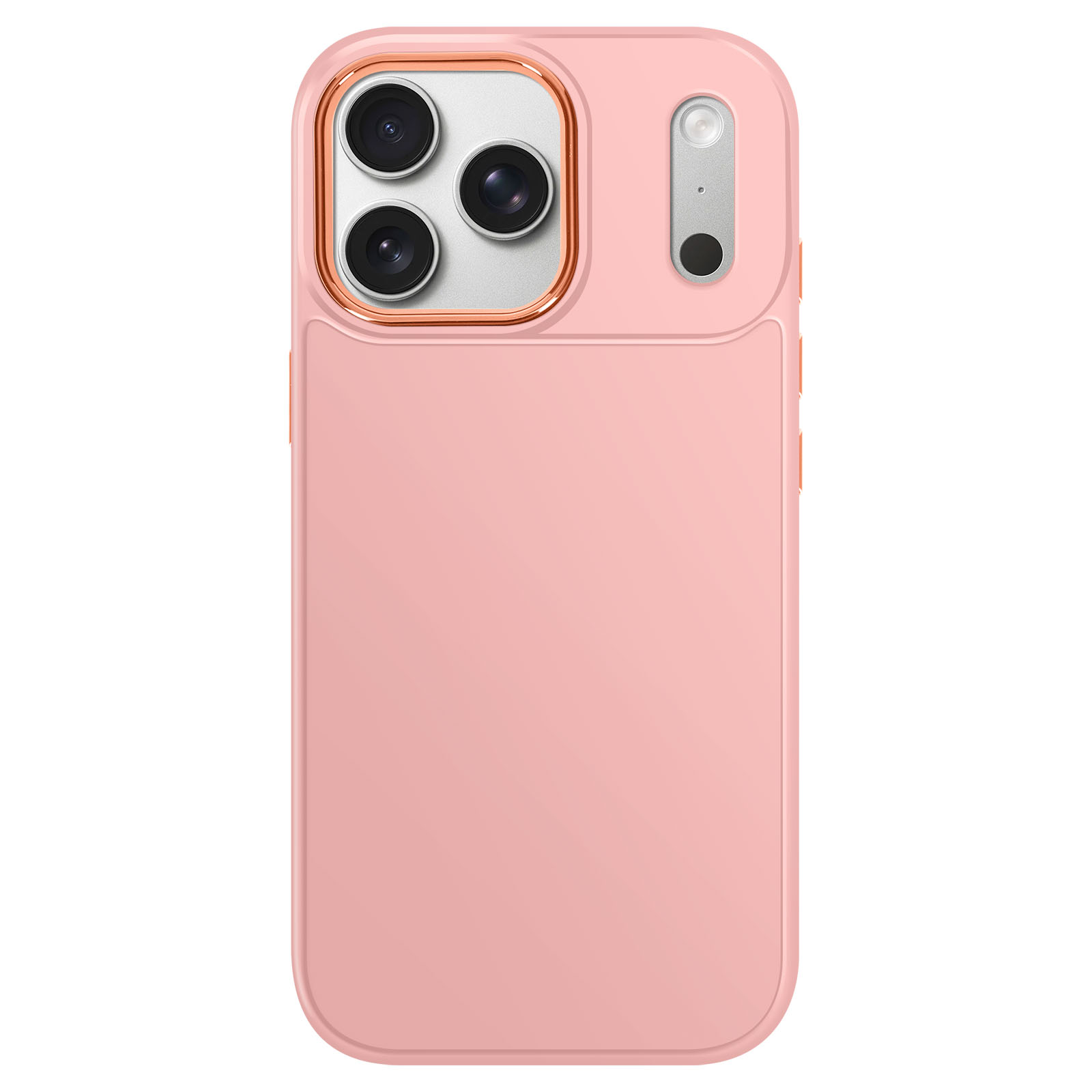 Una custodia per telefono rosa con ritagli per la fotocamera. Ha un accento oro rosa attorno all'area della fotocamera.