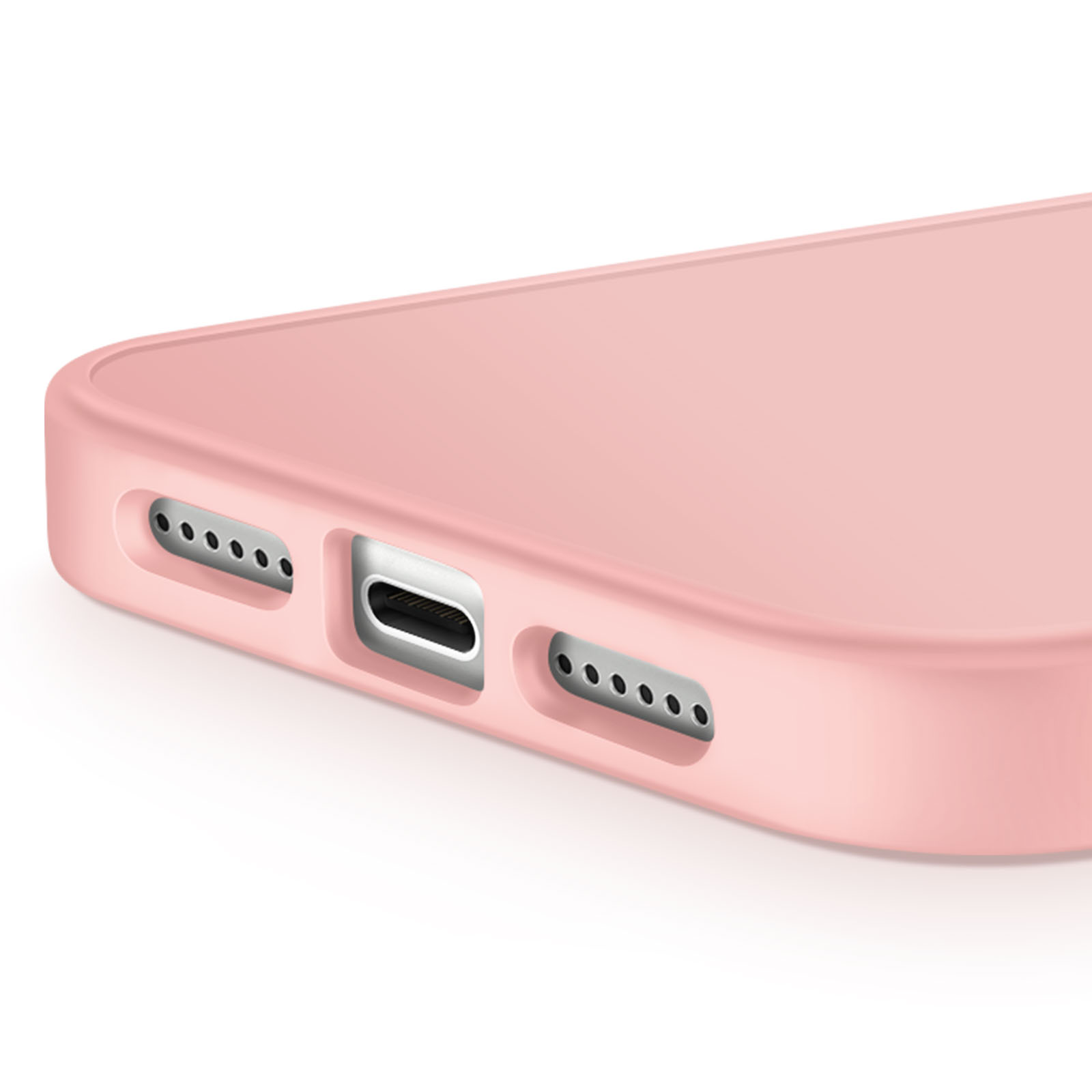 Primo piano di una custodia rosa per telefono. Visibili aperture delle porte e porta di ricarica su sfondo bianco.