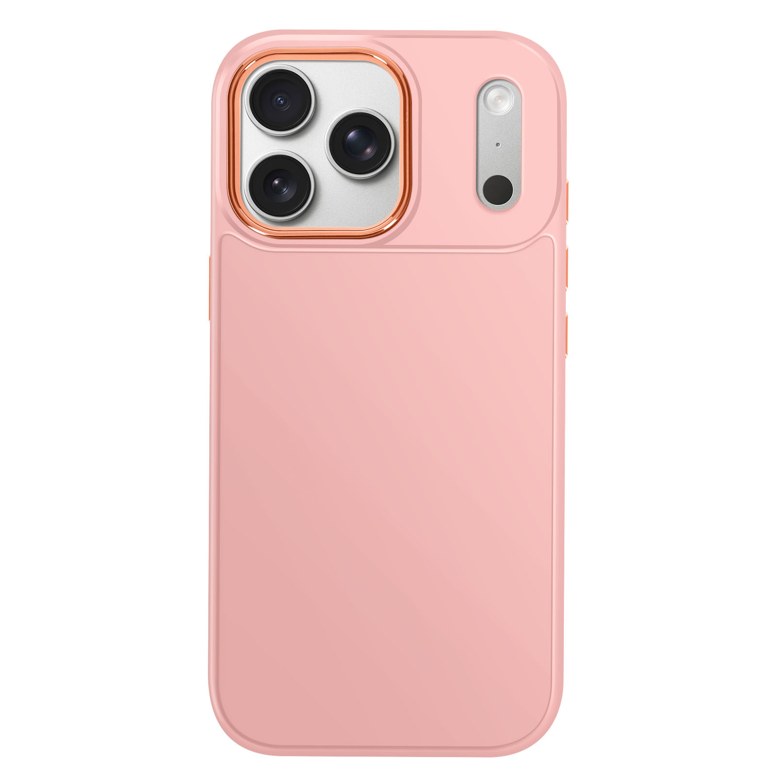 Custodia rosa per telefono con tre obiettivi e un flash. La custodia è rosa chiaro.