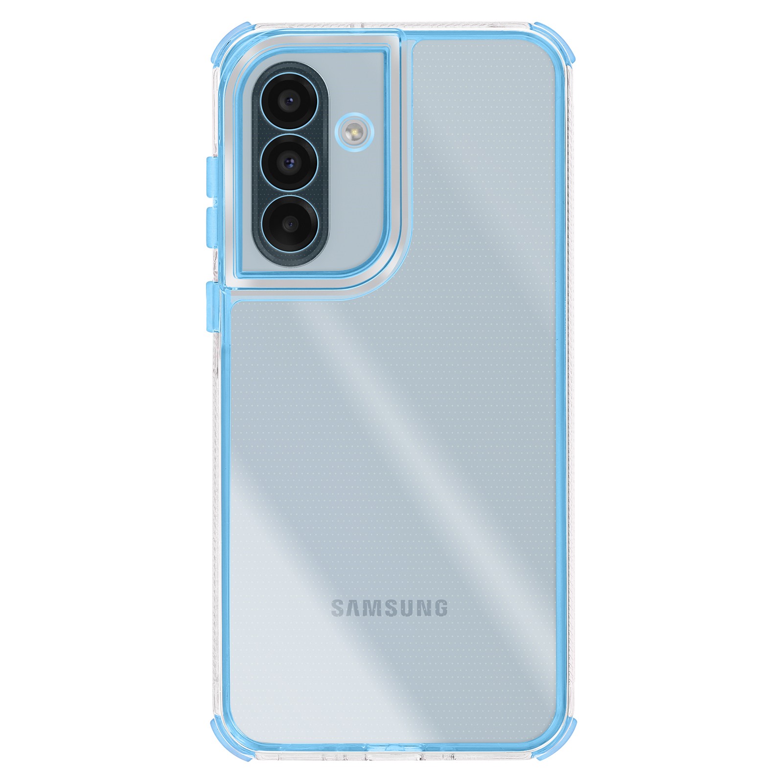Une coque de téléphone transparente avec un cadre bleu. Elle a une découpe pour la caméra avec trois lentilles et le logo Samsung.