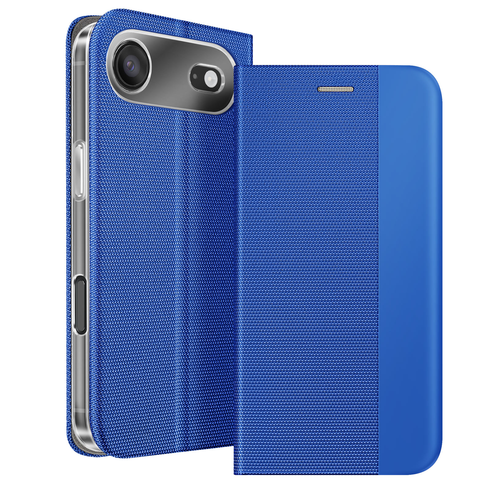 Una custodia blu per telefono con parte anteriore strutturata e lato liscio è parzialmente aperta, rivelando la fotocamera di un telefono.