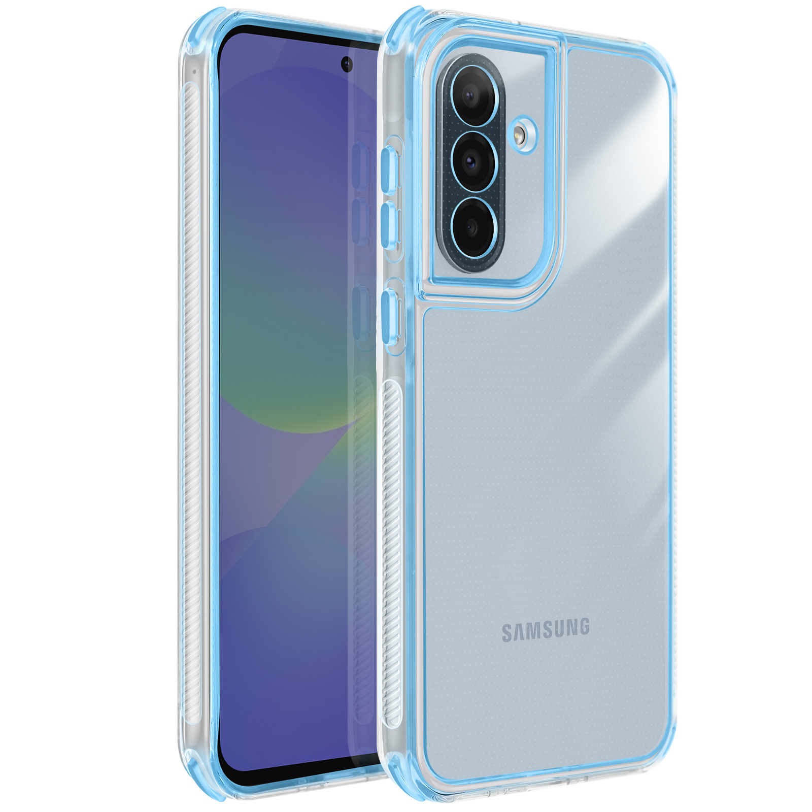 Une coque de téléphone transparente avec bord bleu sur fond blanc. Un téléphone Samsung est à l'intérieur. La coque montre le design du téléphone.