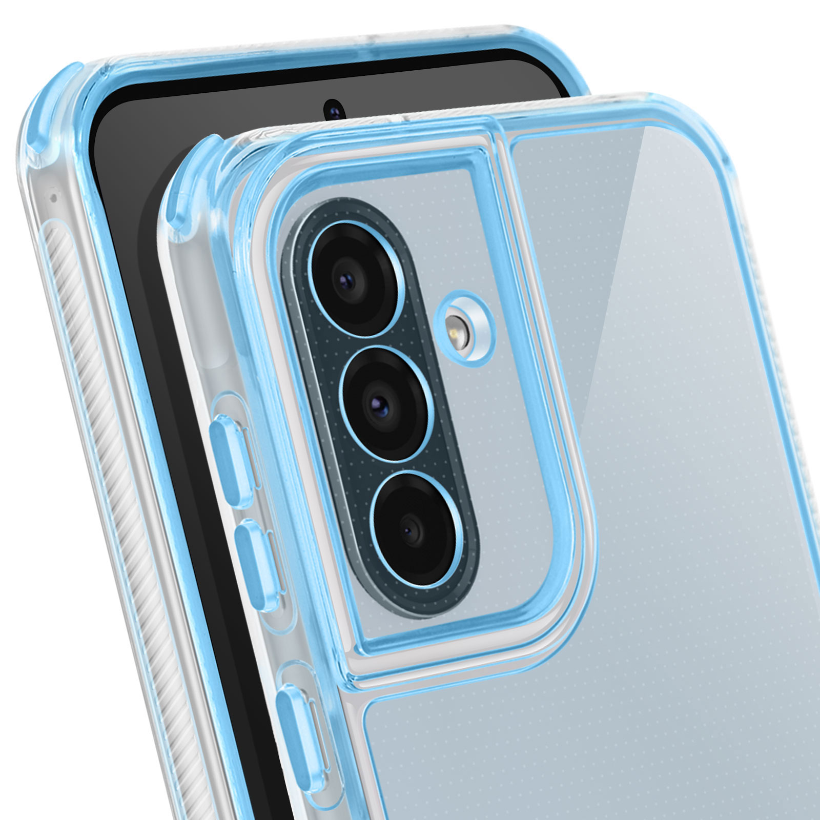 Une coque transparente avec un pare-chocs bleu clair est sur un téléphone noir. Trois objectifs de caméra sont visibles.