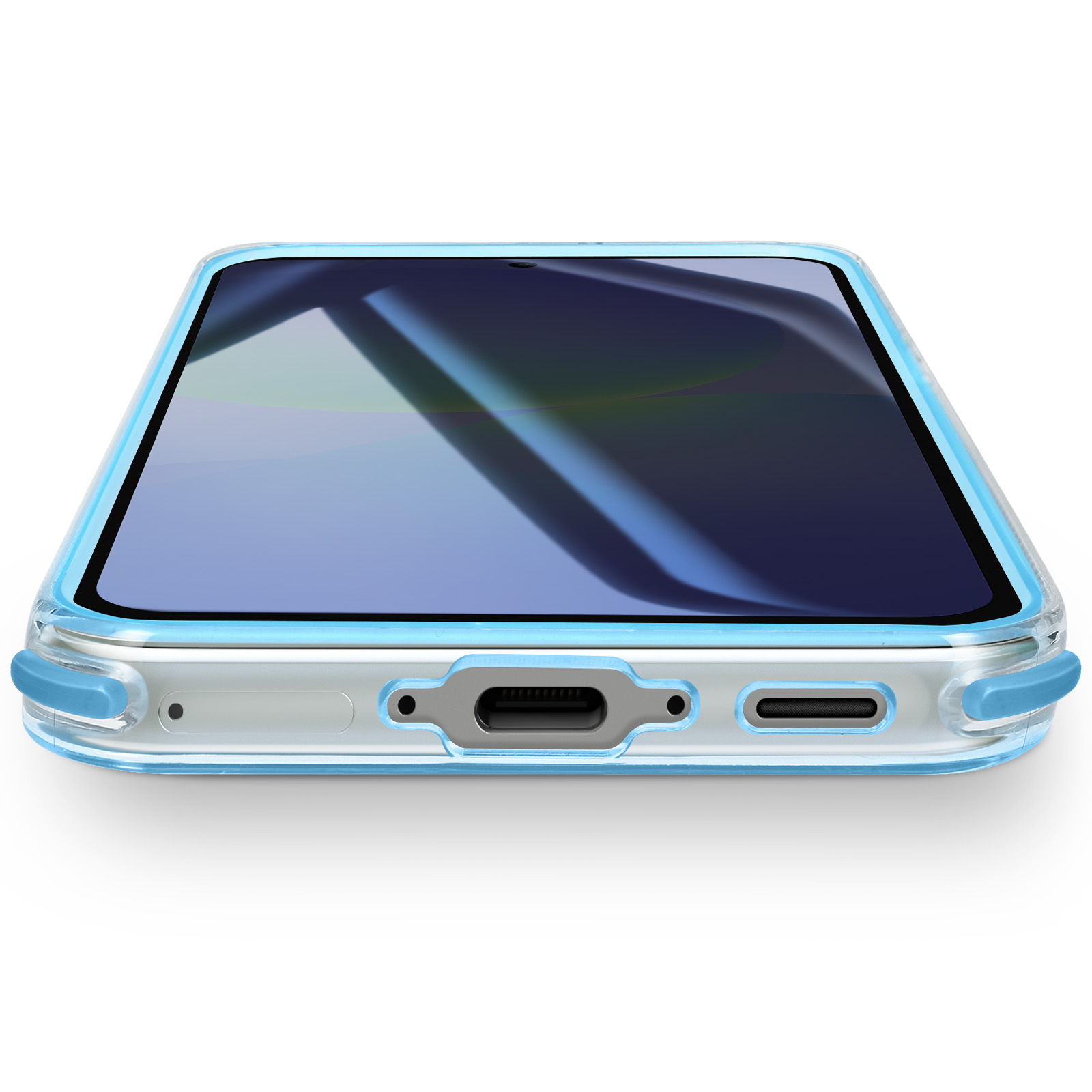 Une coque de téléphone transparente avec des bords bleus. L'écran du téléphone est visible à travers la coque. Isolé sur fond blanc.