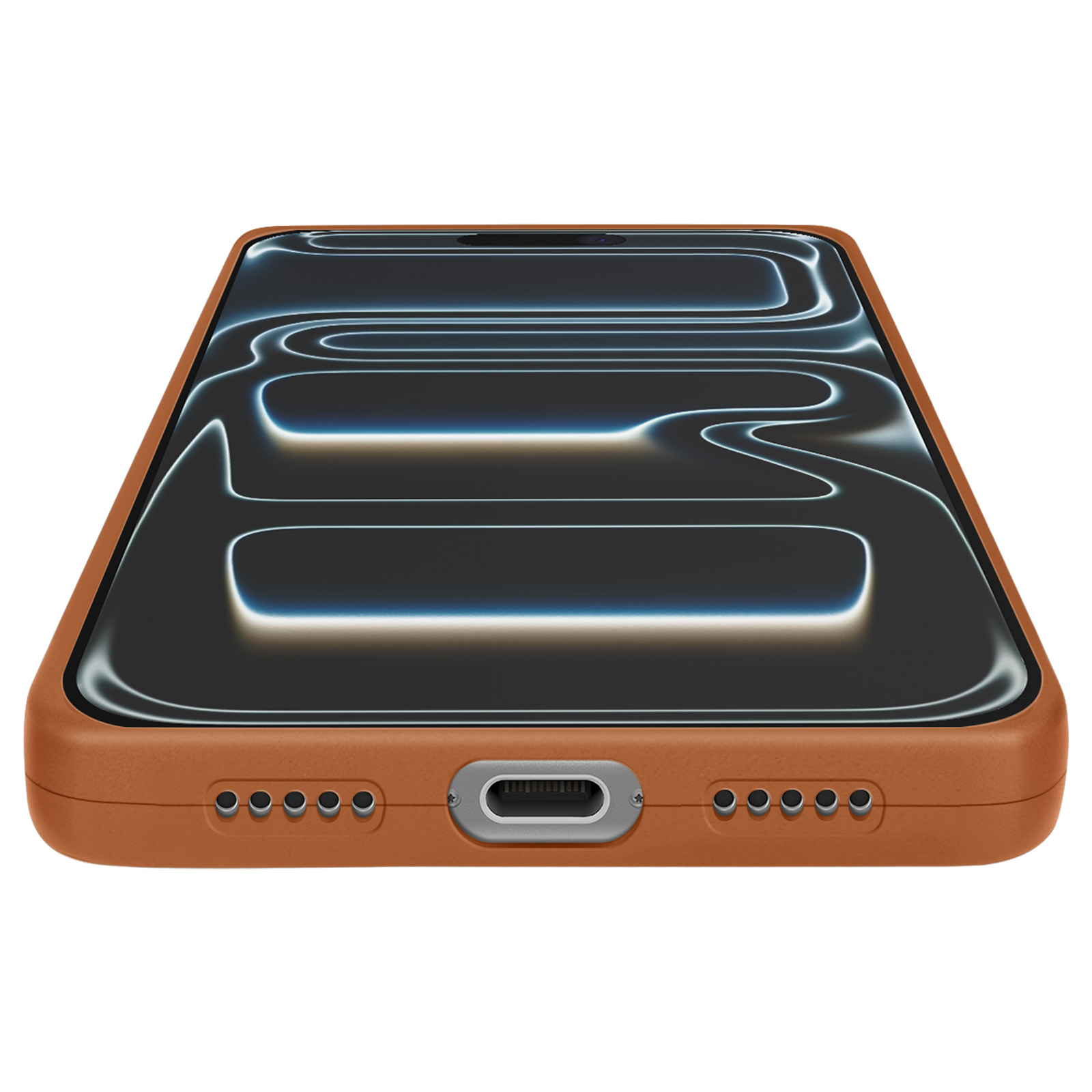 Een oranje telefoonhoesje met een zwart scherm met een neonlichtontwerp, tegen een witte achtergrond.