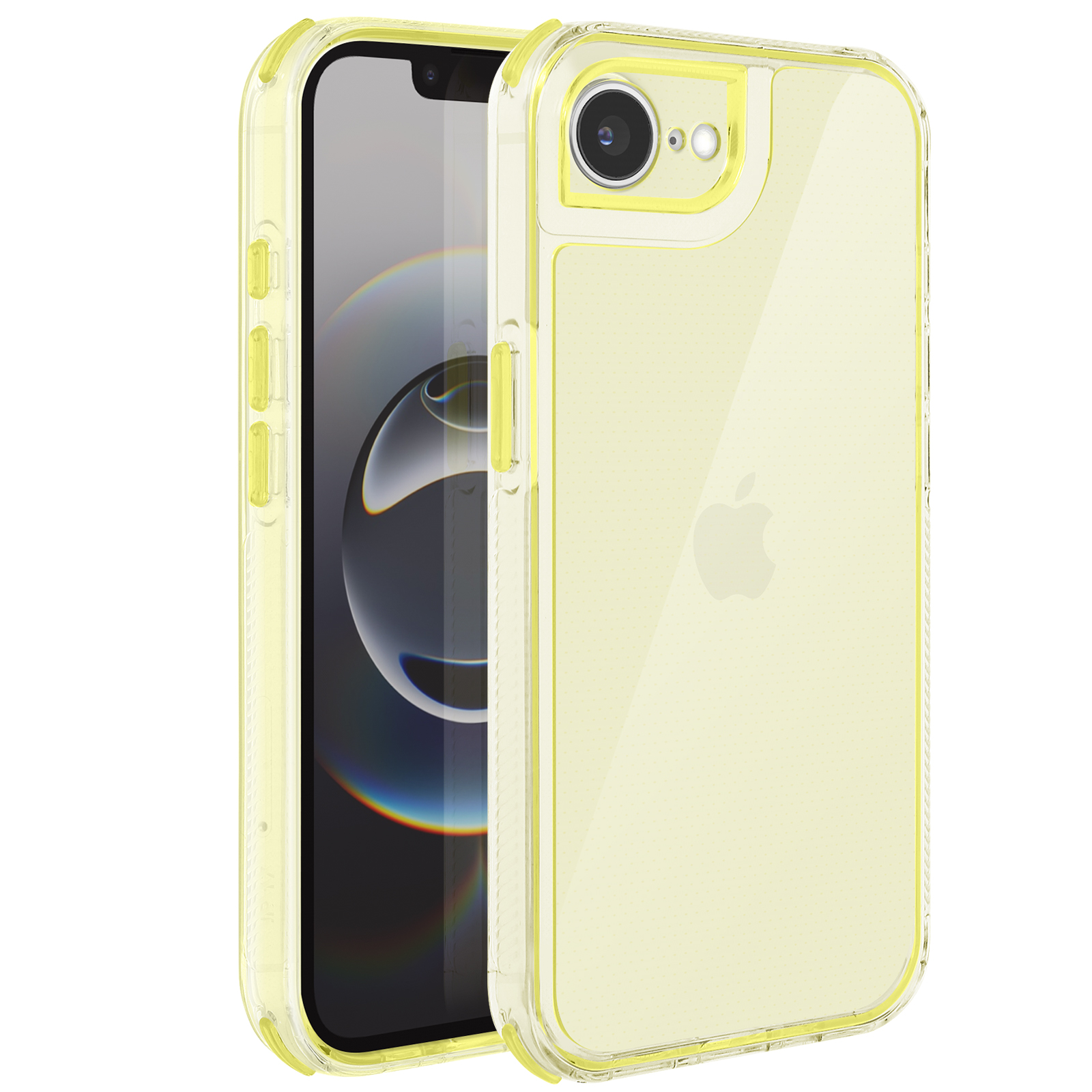 Una custodia gialla per iPhone. Lo schermo del telefono è visibile. La custodia ha un retro trasparente con il logo Apple.