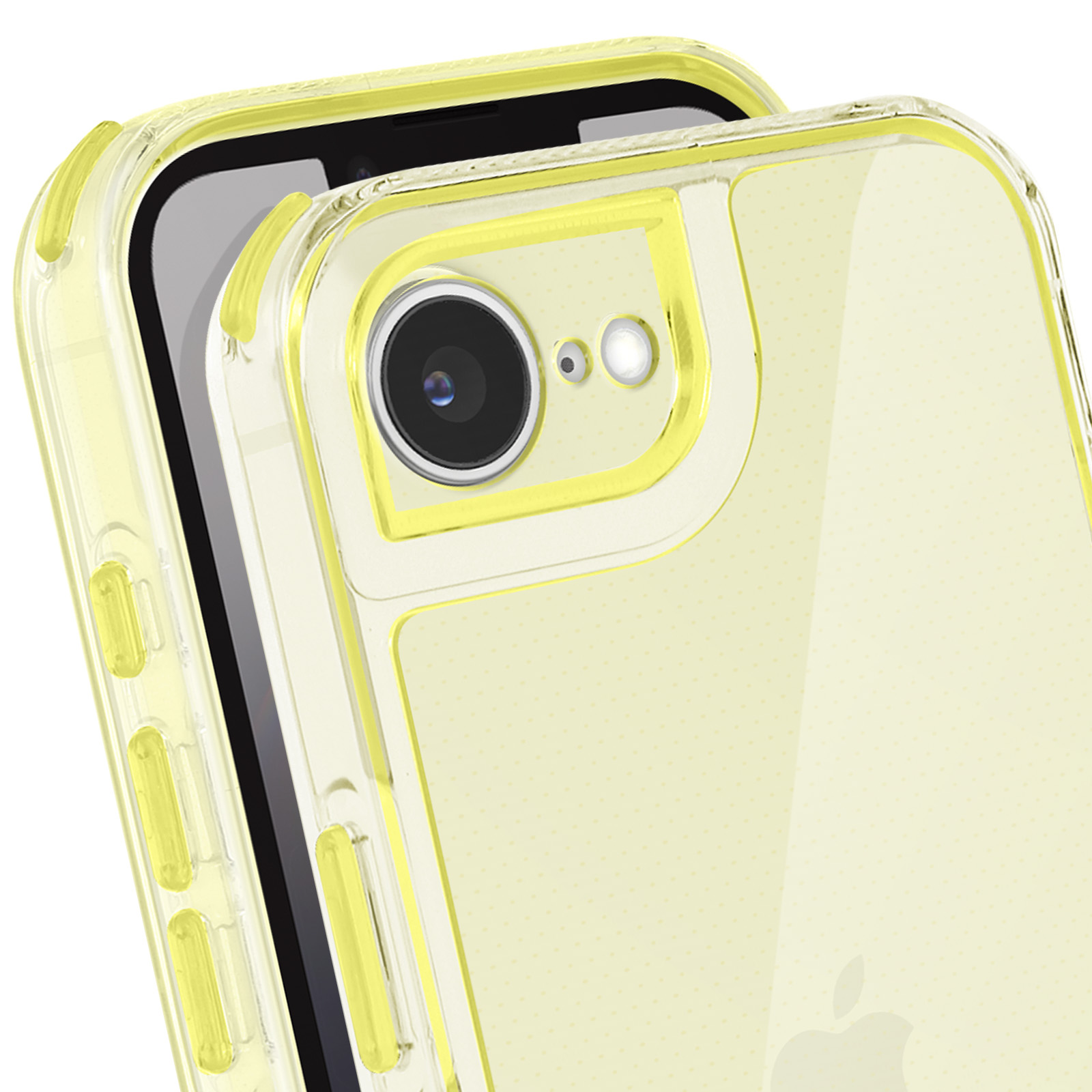 Primo piano di un telefono in una custodia gialla e trasparente. L'obiettivo della fotocamera e il flash sono visibili. Il logo Apple è in basso.
