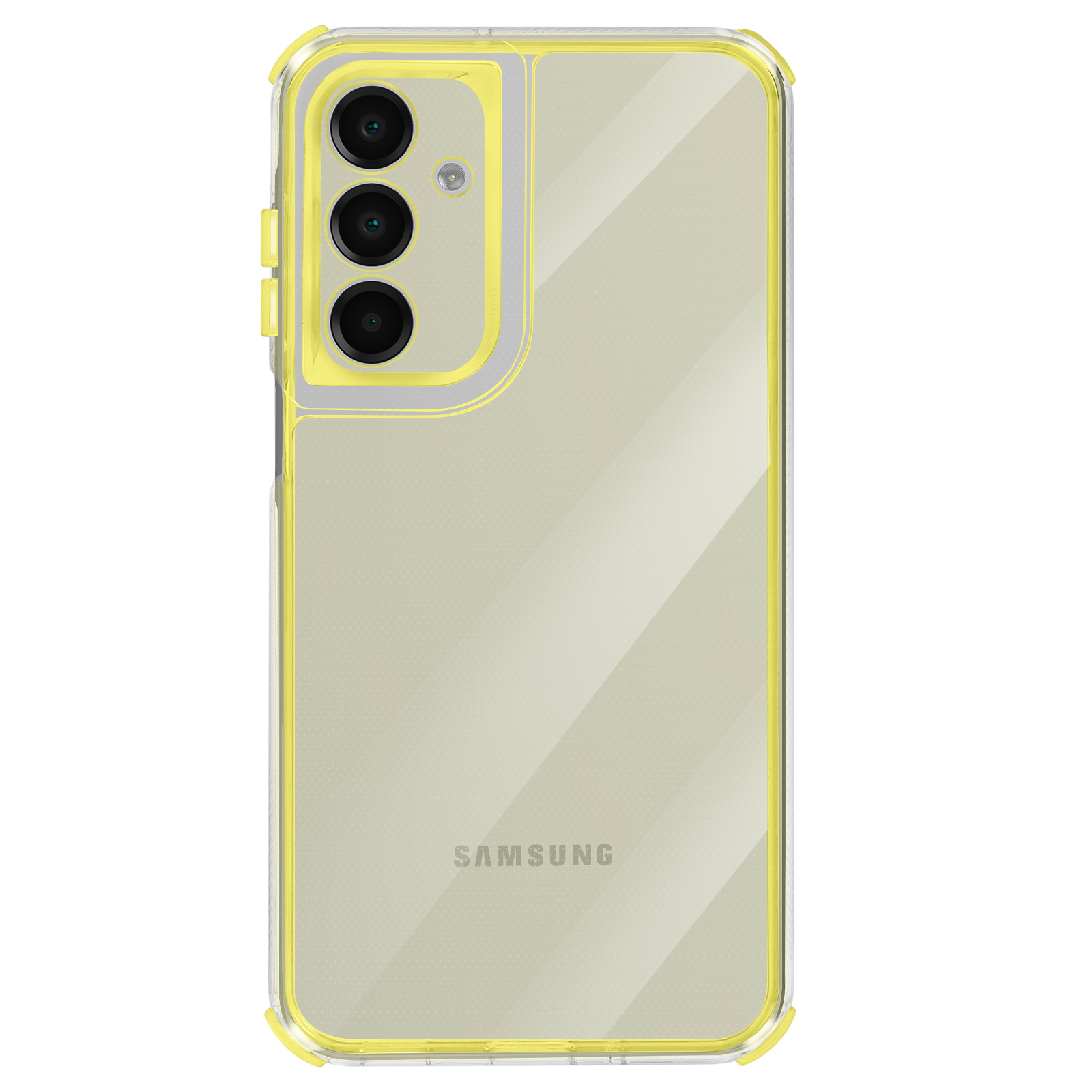 Una custodia trasparente con bordi gialli protegge un telefono. Il logo Samsung è visibile.