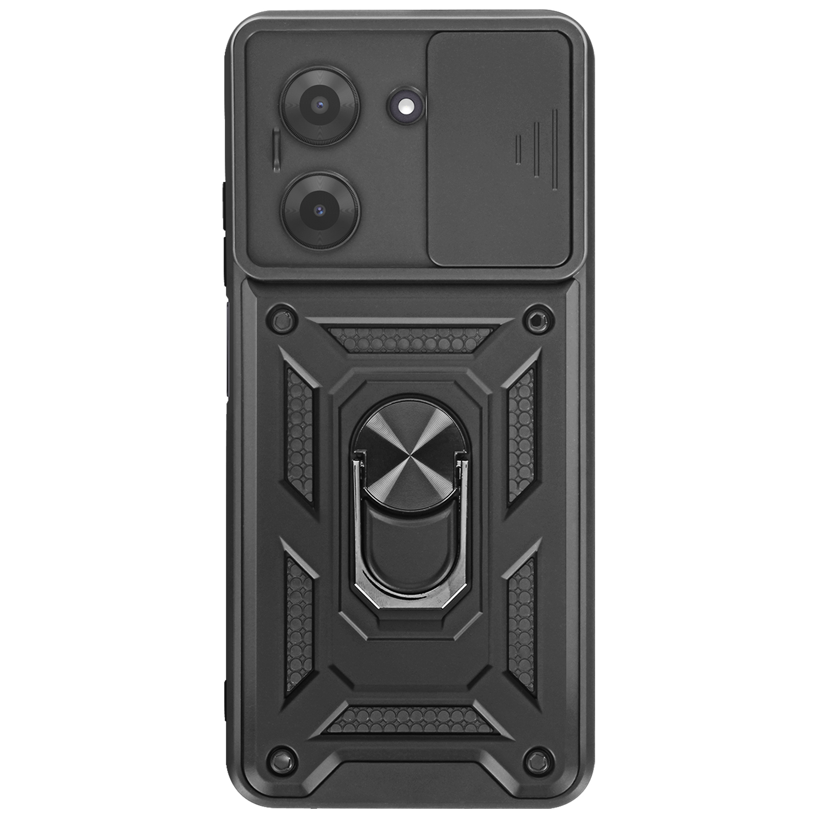 Custodia nera per telefono con ritagli per fotocamera, supporto ad anello e design geometrico.