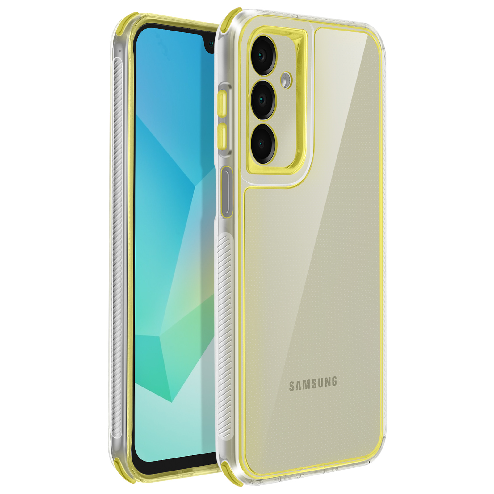 Una custodia trasparente per telefono con bordi gialli. Protegge un telefono, mostrando il logo Samsung.