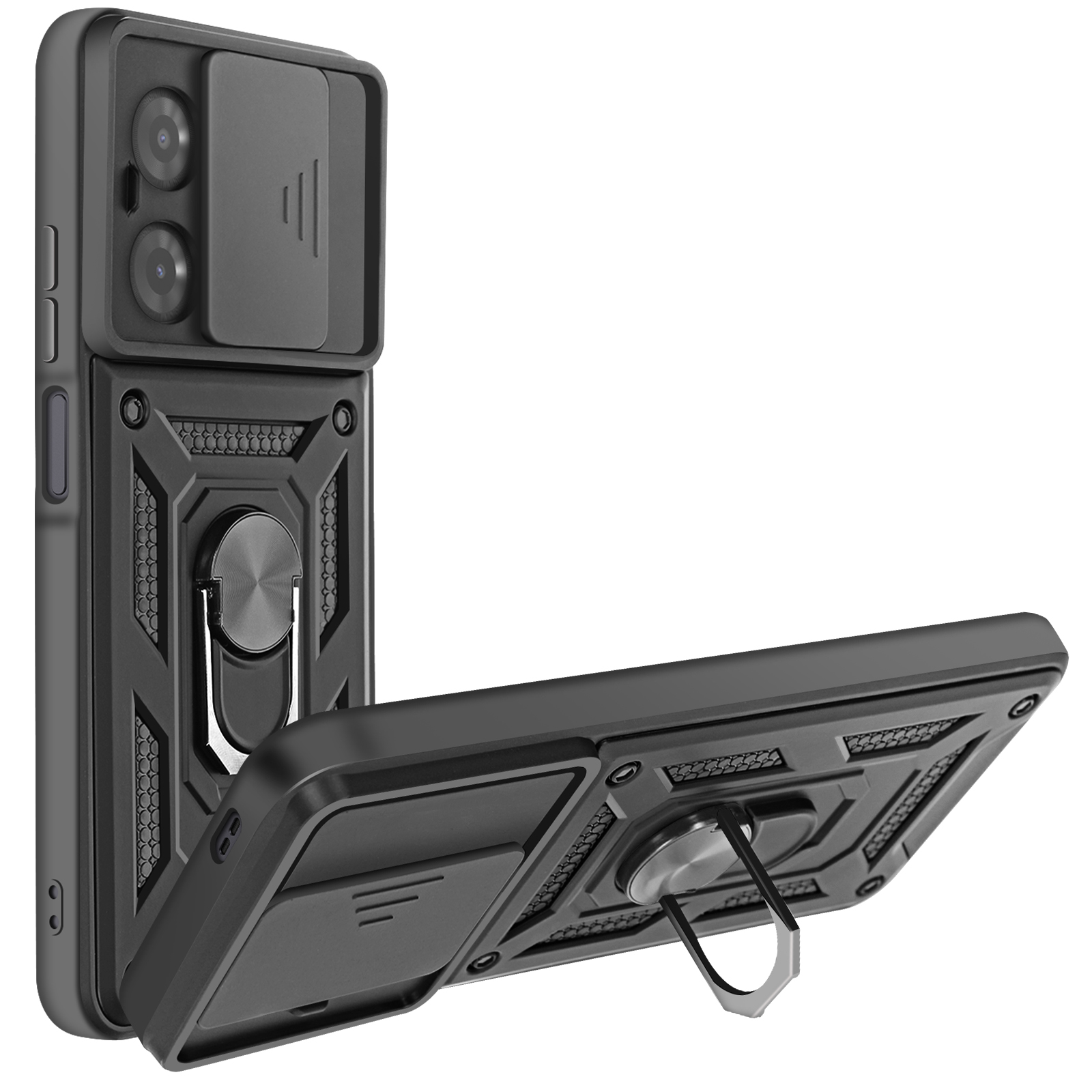 Custodia nera per telefono con copertura per fotocamera e anello. La custodia è aperta ad angolo, mostrando il retro e l'anello.