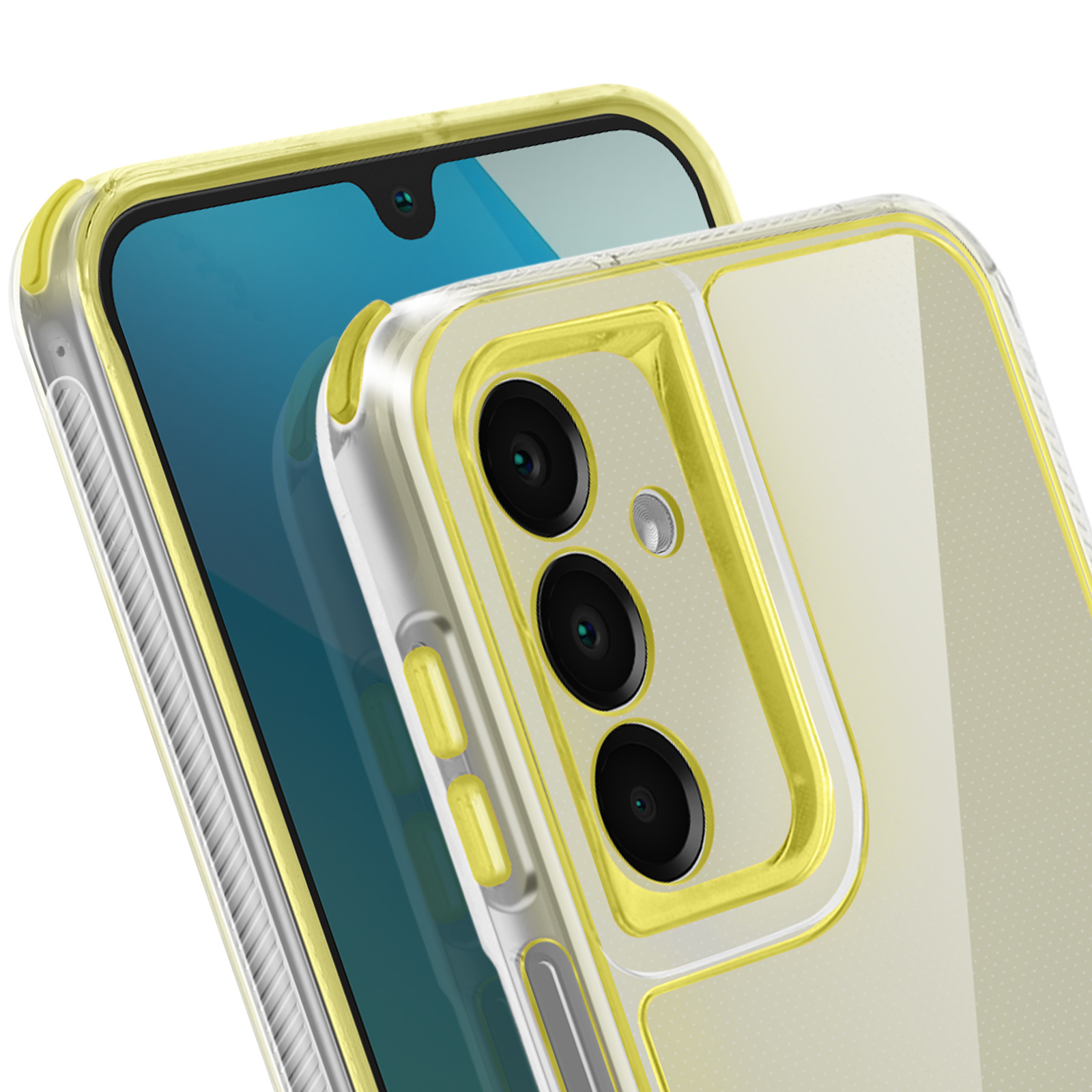 Uno smartphone con custodia bordata di giallo. Il telefono ha uno schermo blu e tre lenti.