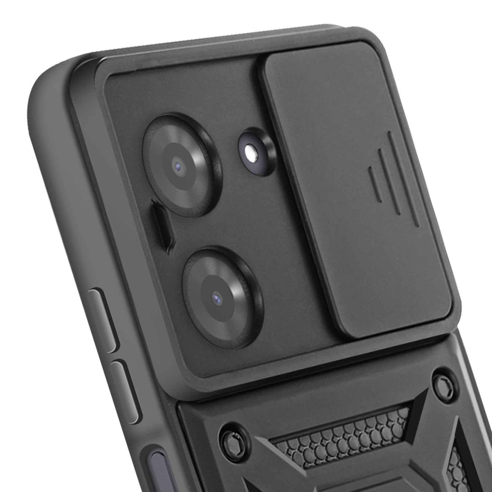 Primo piano di un telefono nero con lenti della fotocamera e una copertura scorrevole. Il telefono è su sfondo bianco.