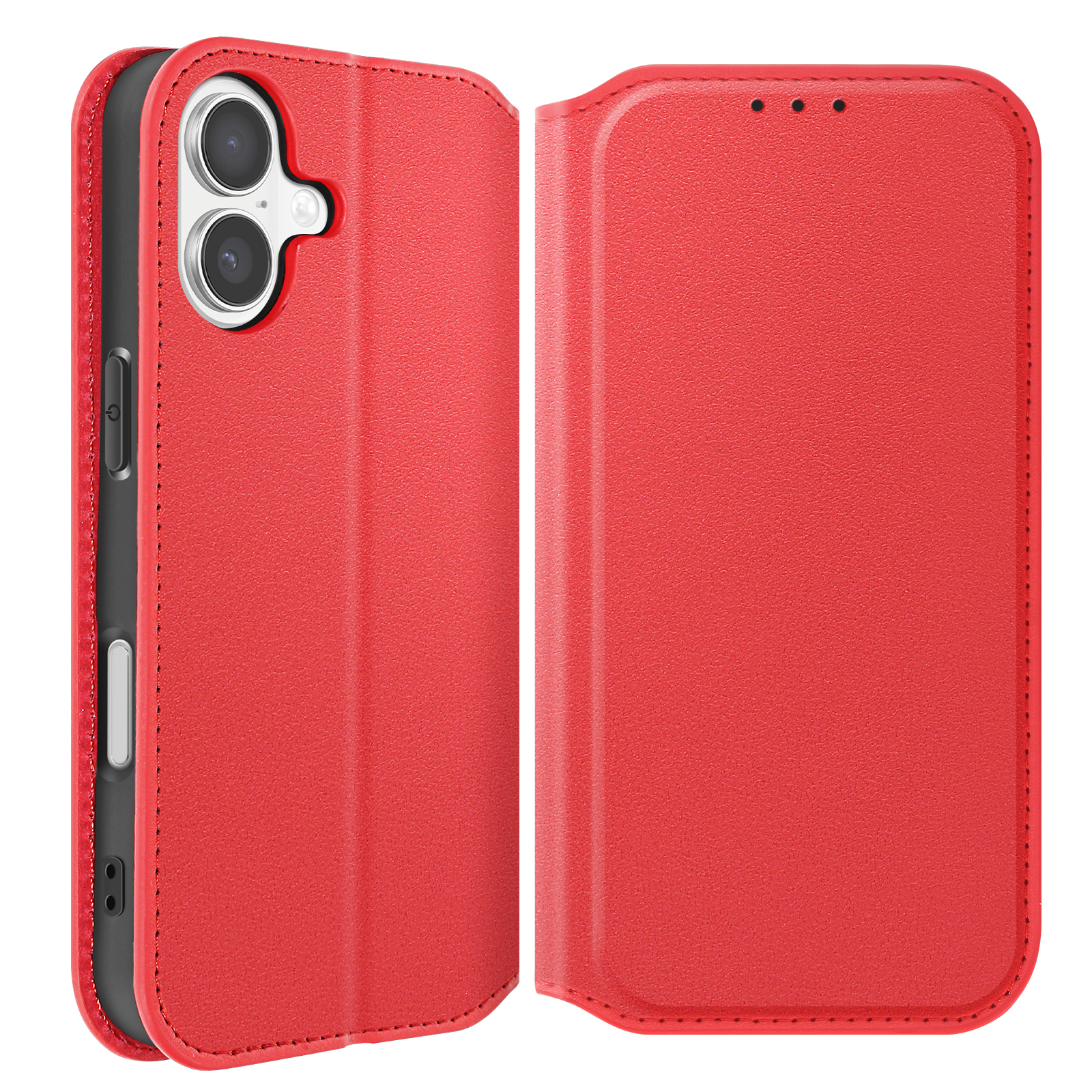Custodia rossa per telefono con parte anteriore aperta. La fotocamera del telefono è visibile. La custodia è in materiale strutturato.