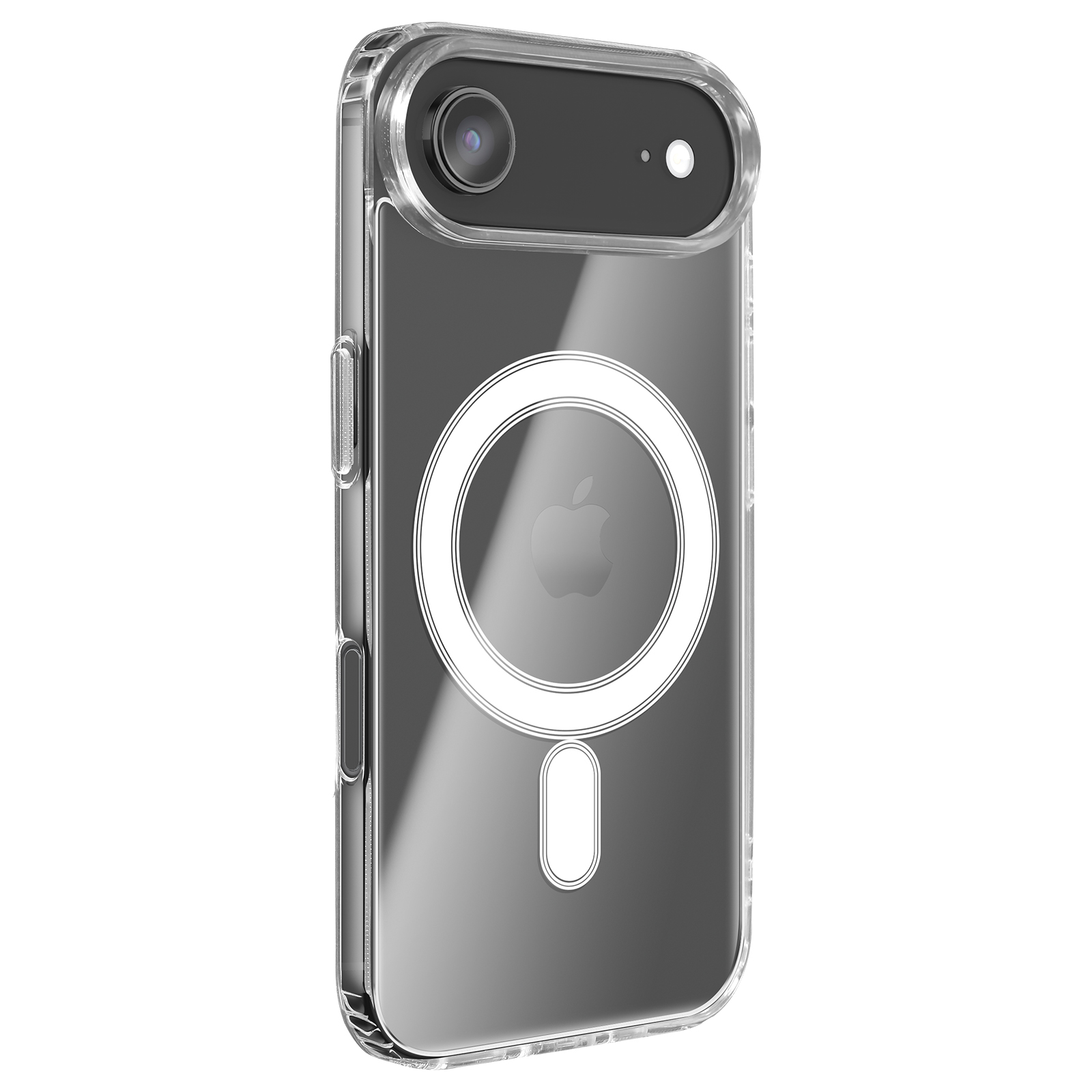 Una custodia trasparente per telefono con ritaglio per fotocamera, un cerchio bianco con logo mela e un rettangolo bianco.