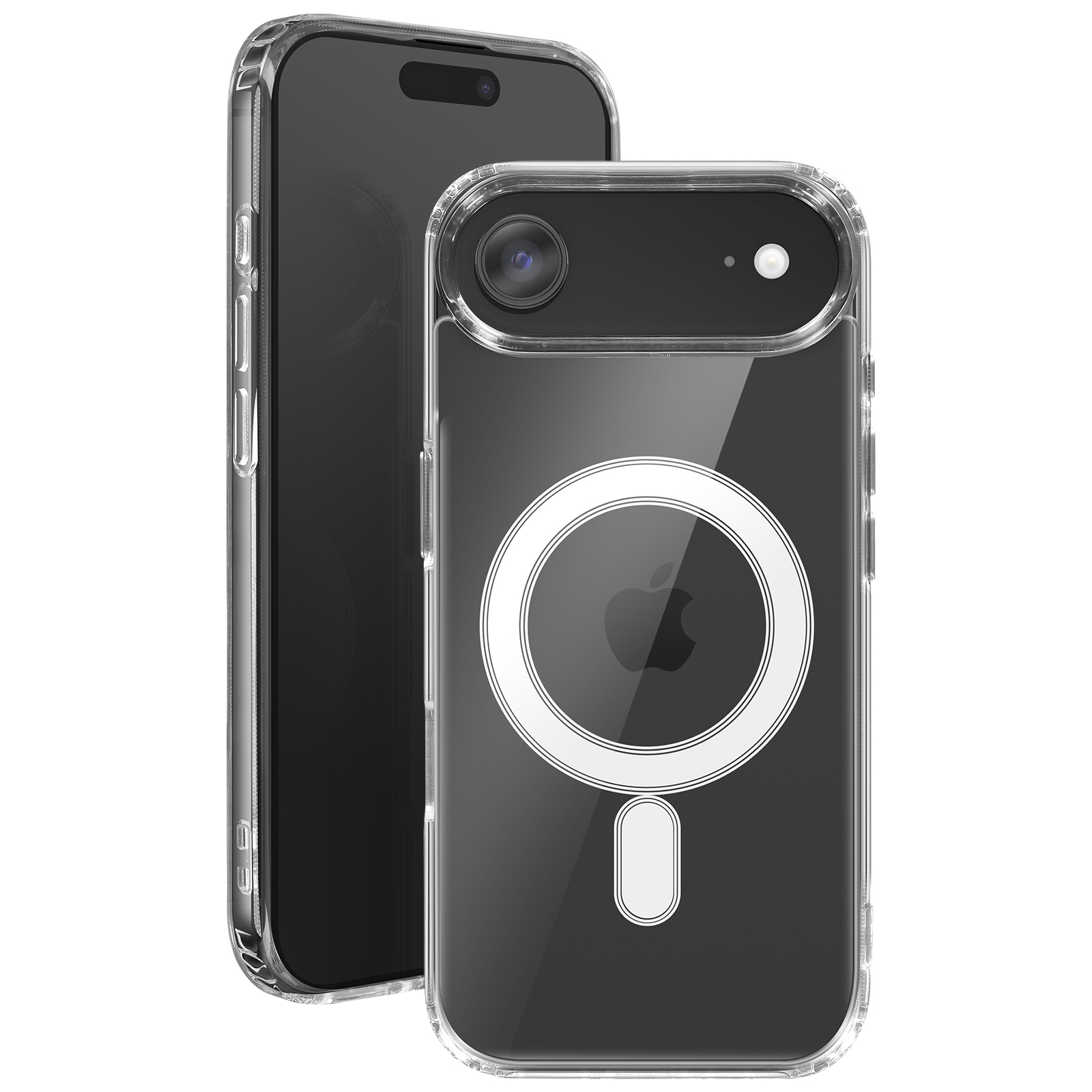 Due custodie trasparenti per telefono con telefoni all'interno. Una custodia ha un cerchio bianco con un logo Apple.