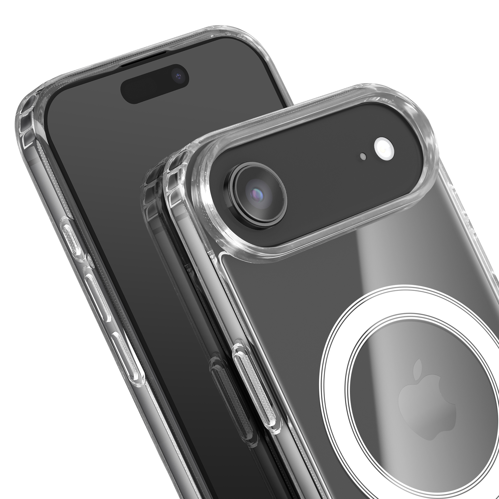 Due smartphone con custodie protettive trasparenti. Un telefono si sovrappone all'altro. Logo Apple visibile.