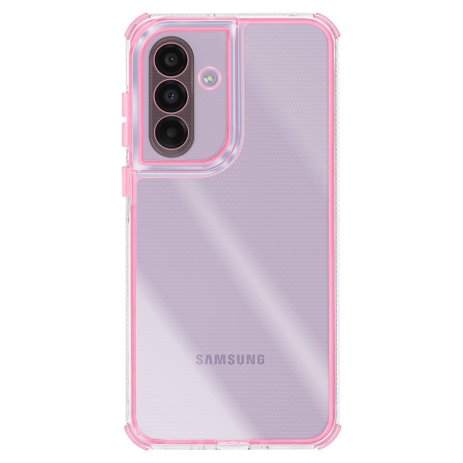 Une coque de téléphone transparente avec un cadre rose. Le téléphone possède trois objectifs et le logo Samsung.