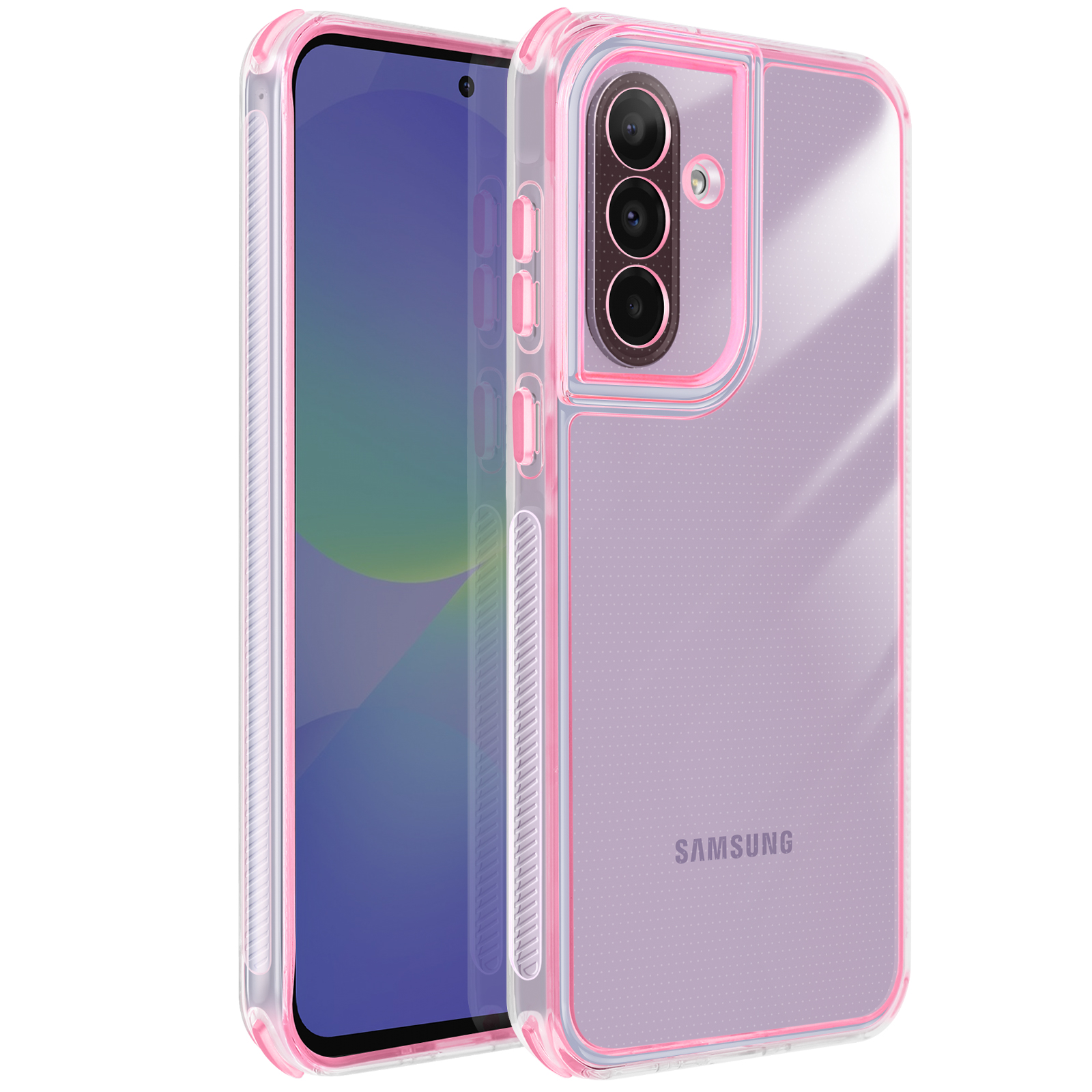 Une coque de téléphone transparente avec des accents roses. Le téléphone est violet. L'étui comporte trois trous pour l'appareil photo et le logo Samsung.