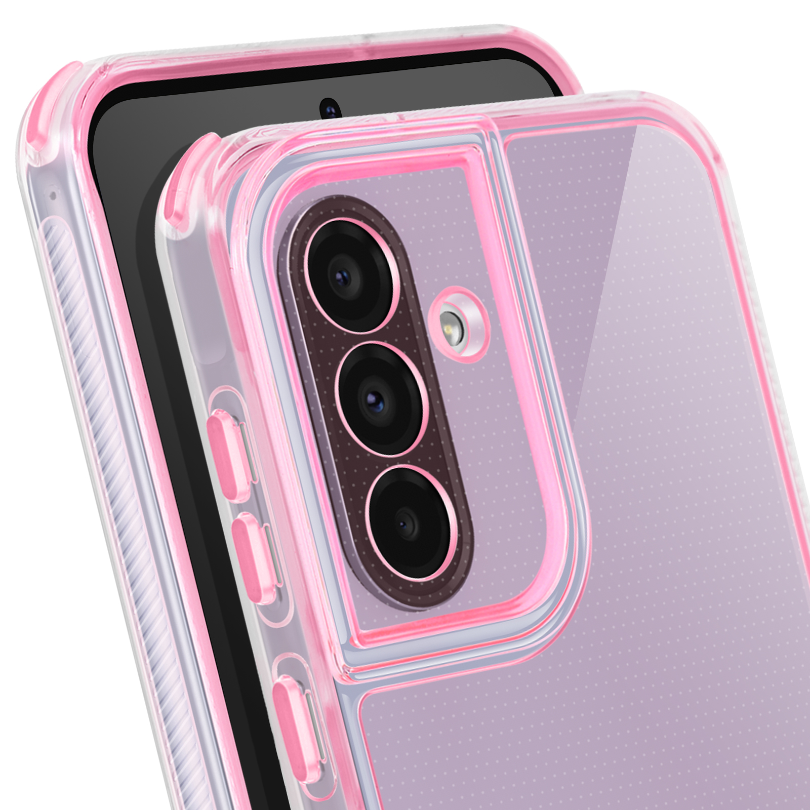 Gros plan d'un téléphone avec un étui rose transparent. L'étui entoure les lentilles de la caméra et l'écran.