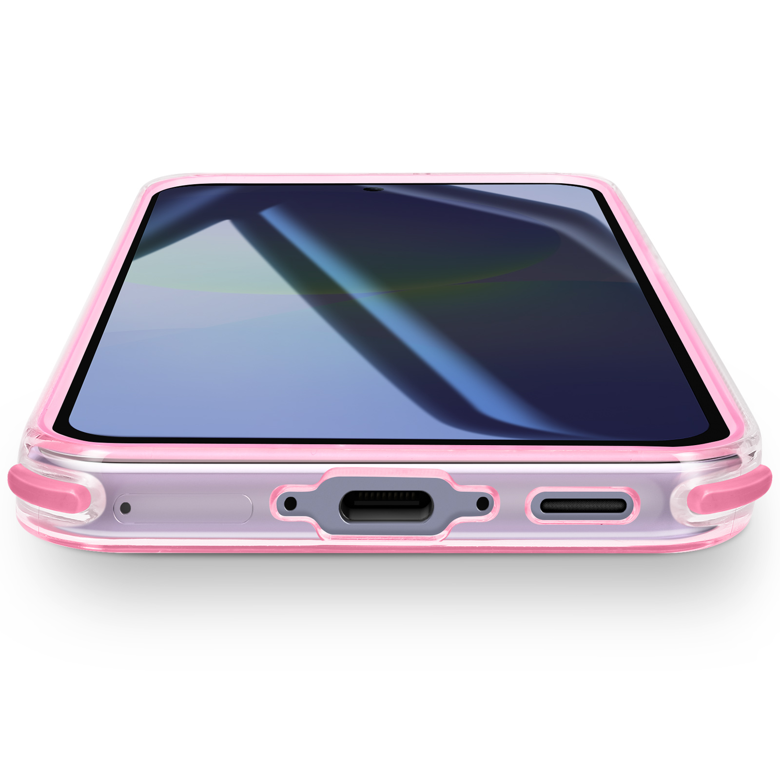 Coque de téléphone rose avec un cadre transparent. L'écran du téléphone est visible, et le fond est blanc.