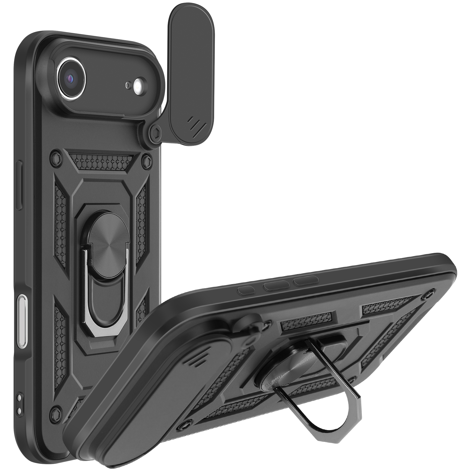 Custodia nera per telefono con anello e copertura fotocamera, mostrata ad angolo. Presenta un design geometrico su sfondo bianco.