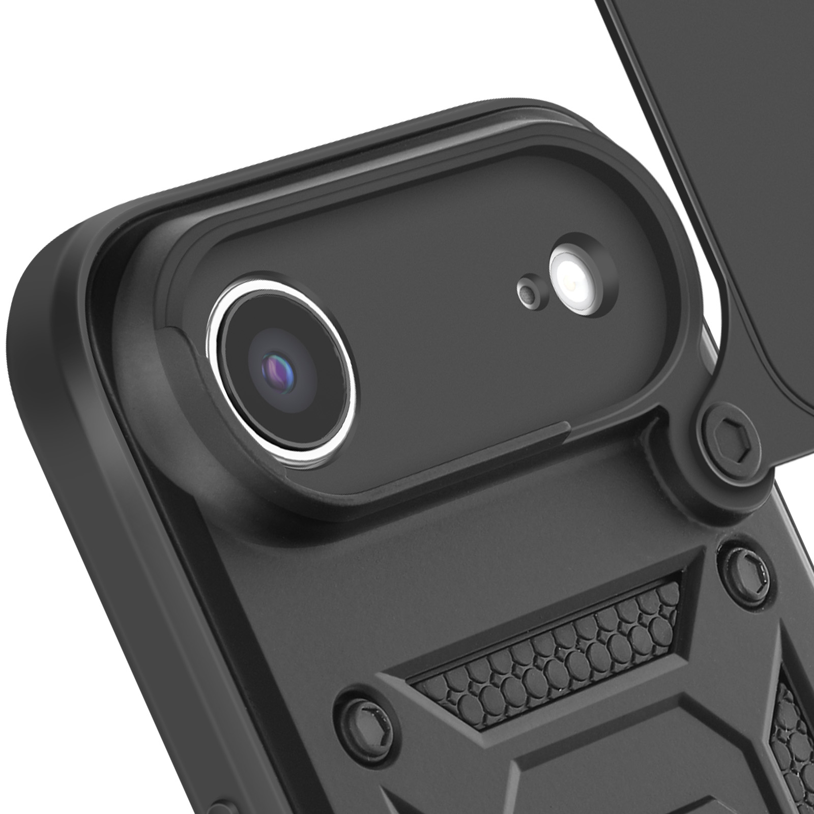 Primo piano di una custodia nera per telefono con lenti della fotocamera. La custodia ha un design strutturato e una copertura protettiva.