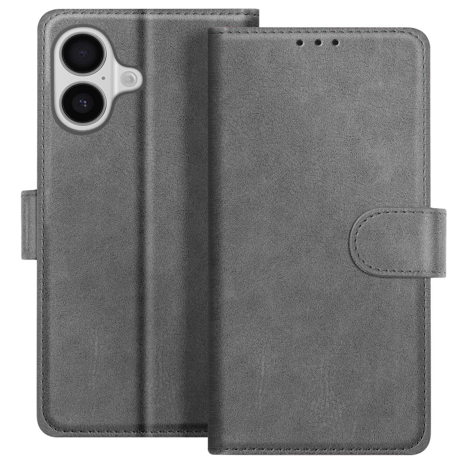 Custodia grigia per telefono, aperta per mostrare la fotocamera del telefono. Presenta una chiusura a bottone e cuciture sui bordi.