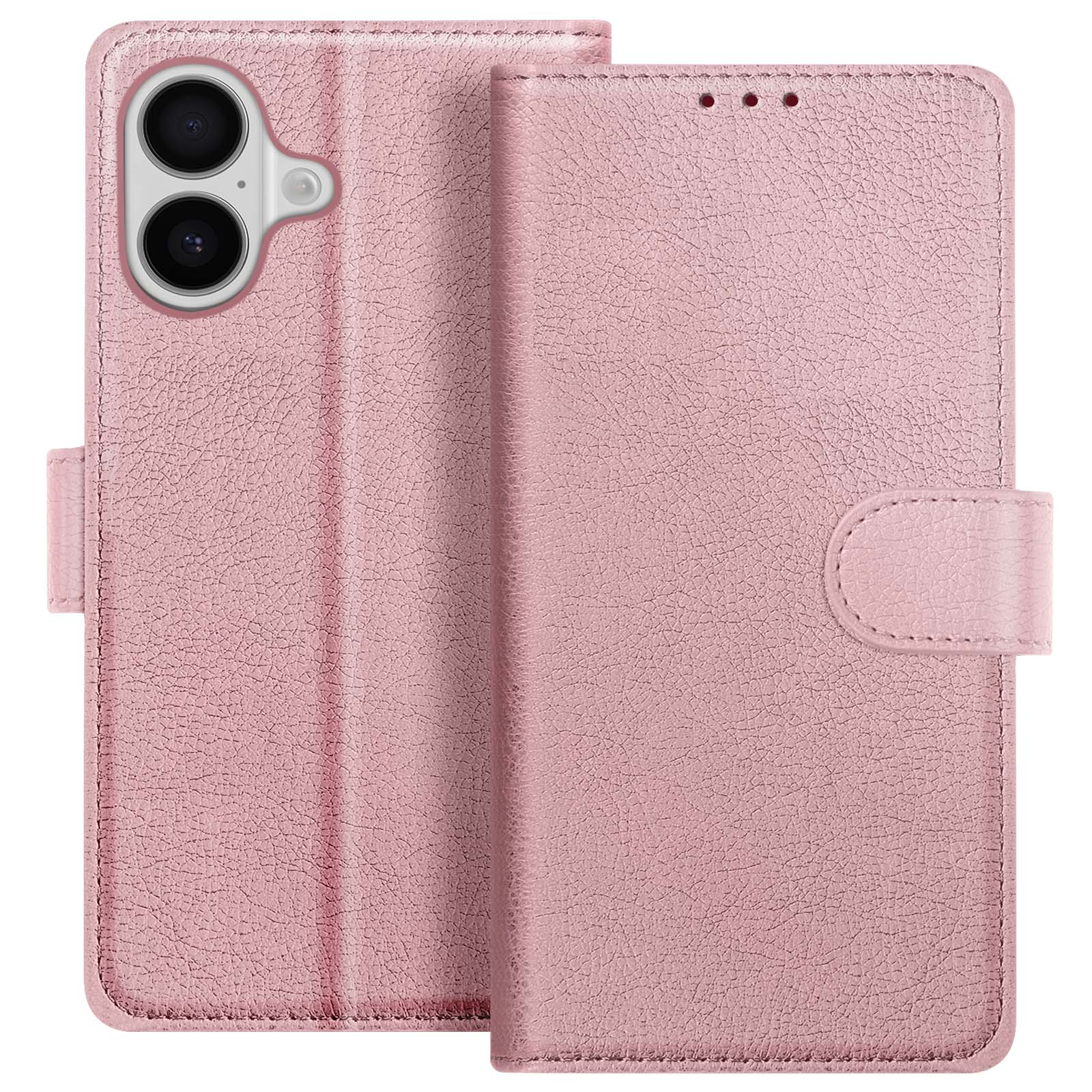 Custodia per telefono in pelle rosa, aperta. Caratterizzata da un ritaglio per la fotocamera, finitura strutturata e chiusura magnetica.