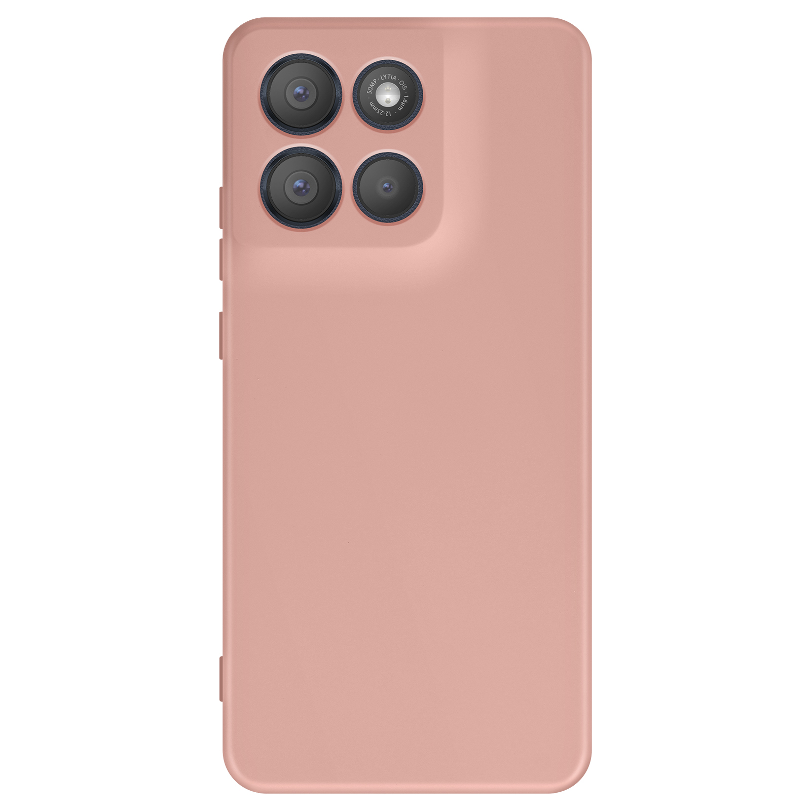 Dos de smartphone rose avec quatre objectifs. Boutons sur le côté gauche.