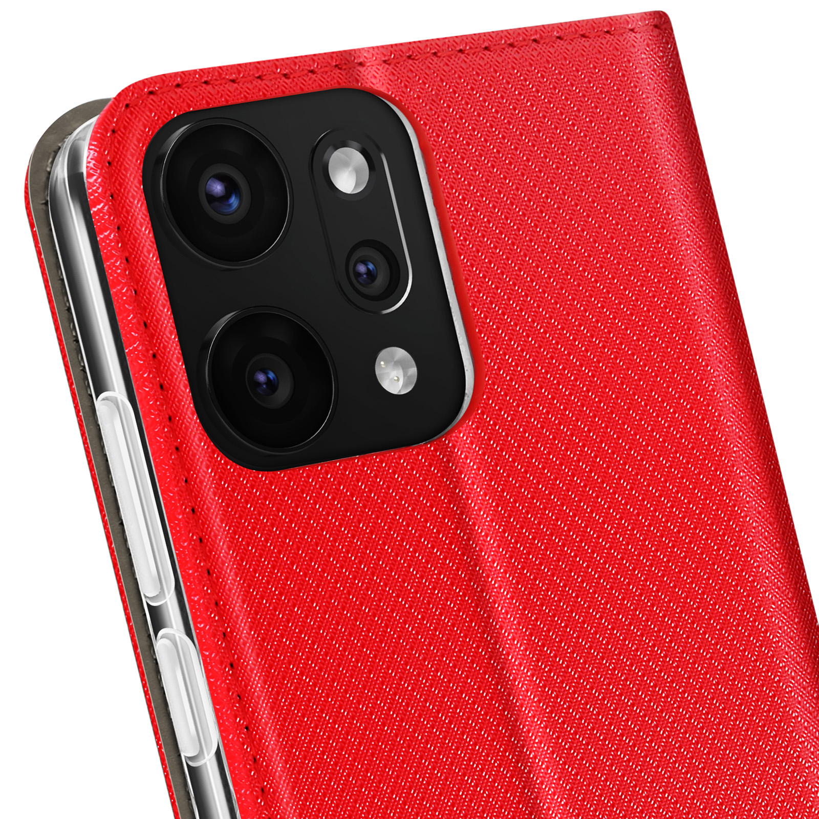 Una custodia rossa per telefono con un modulo fotocamera nero. La custodia ha una superficie strutturata. I pulsanti del telefono sono visibili.